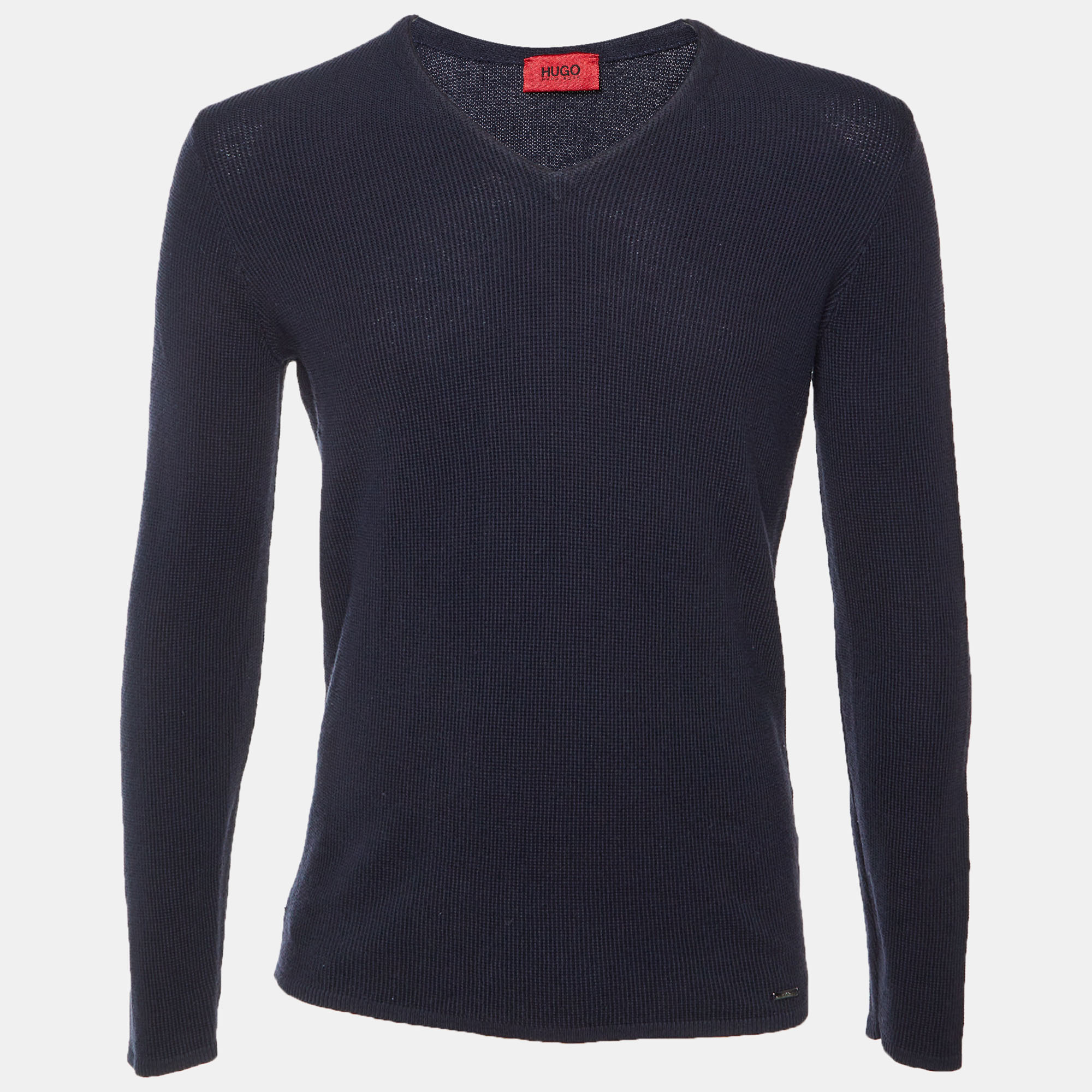 

Hugo Boss Navy Blue Patterned Cotton & Wool Knit V-Neck Jumper M
