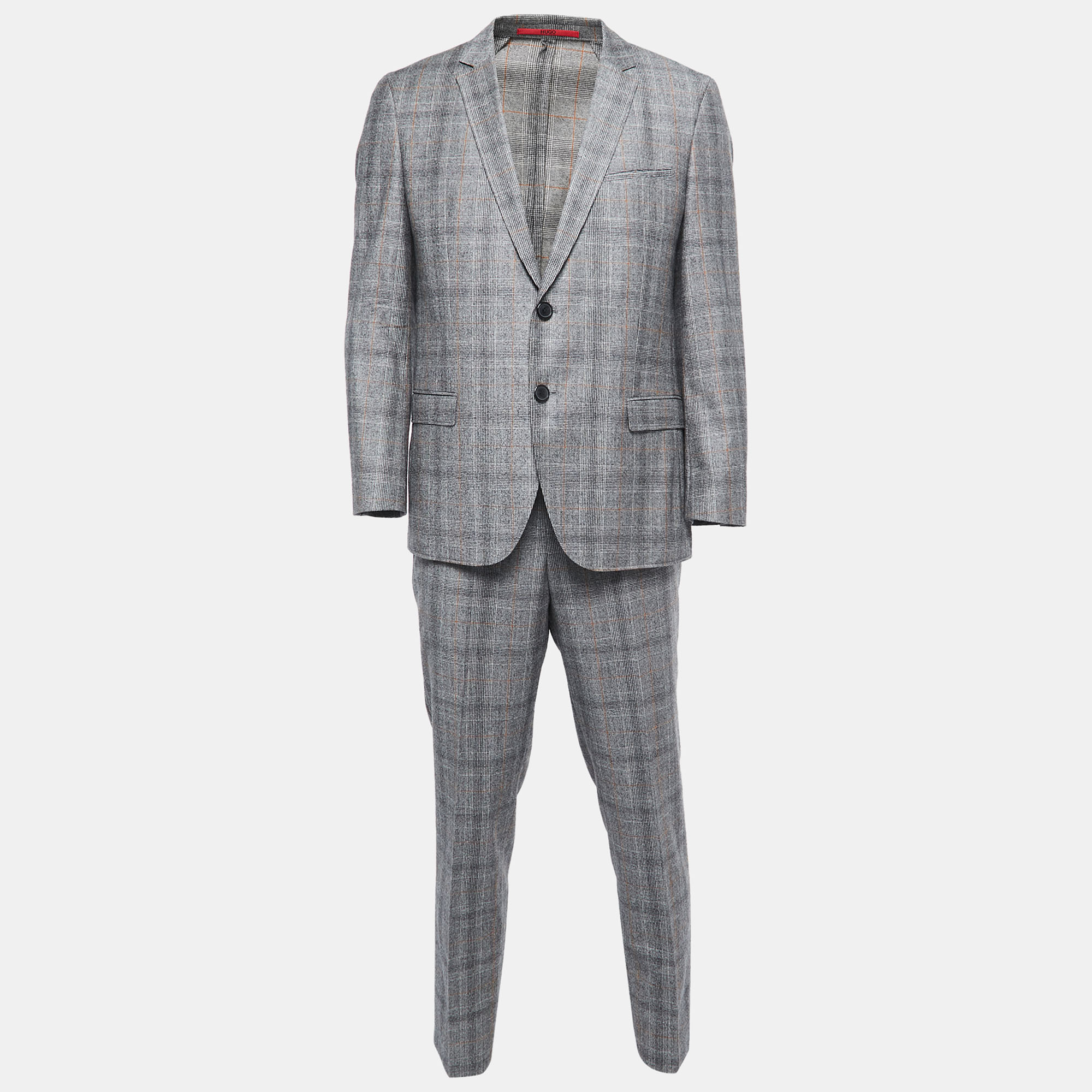 Pre-owned Hugo Boss Grey Check Patterned Wool Suit Xl