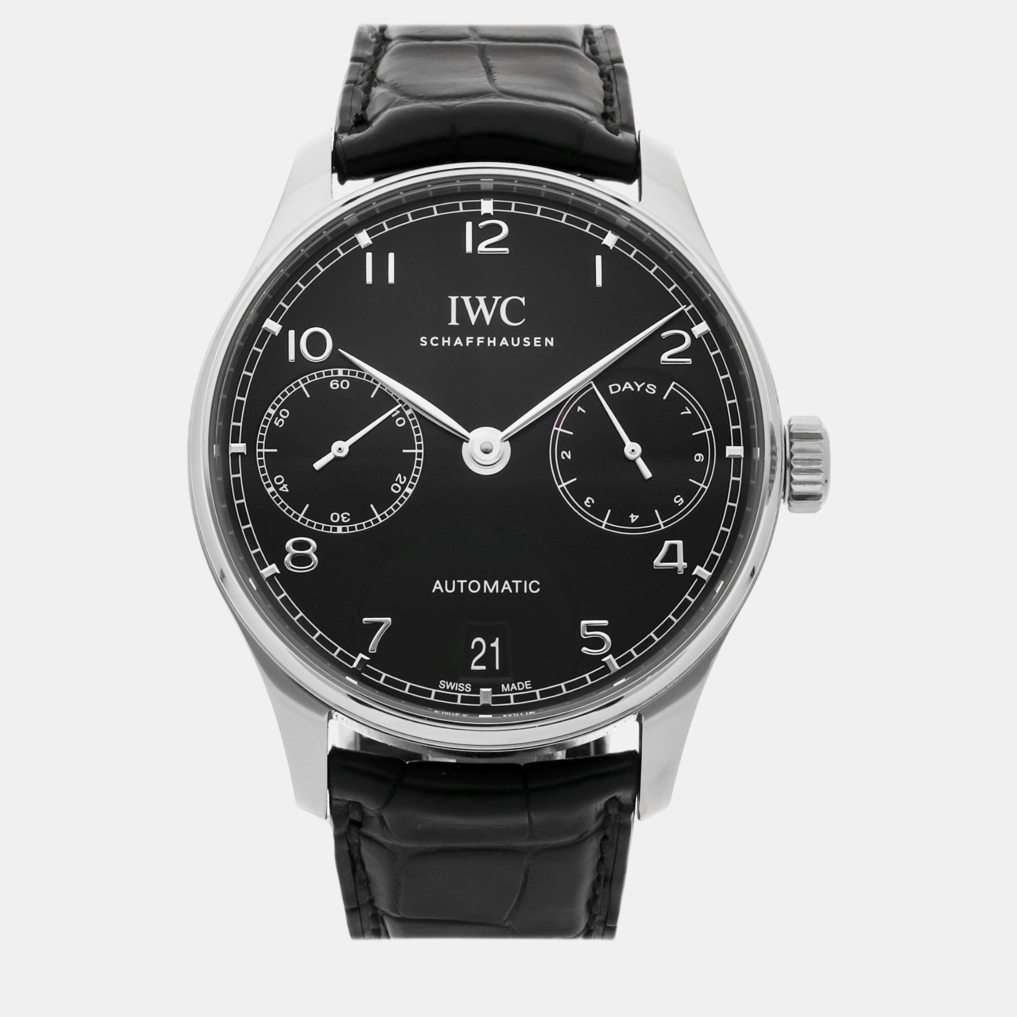 

IWC Black Stainless Steel Portugieser IW5007-03 Automatic Men's Wristwatch 42 mm