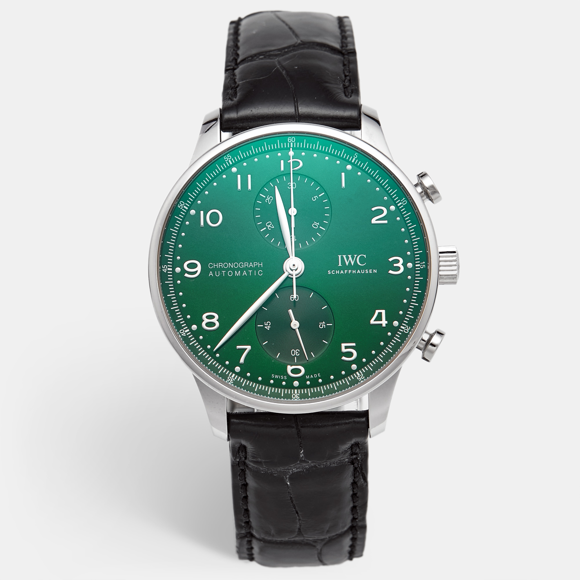 IWC Portugieser IW371615 Green Dial Stainless Steel Alligator Leather Mens Wristwatch 41 mm