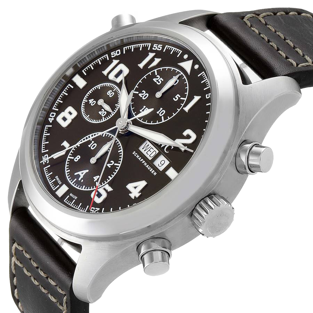 

IWC Black Stainless Steel Pilot Flieger Chronograph Day Date Automatic IW370607 Men's Wristwatch 44 MM