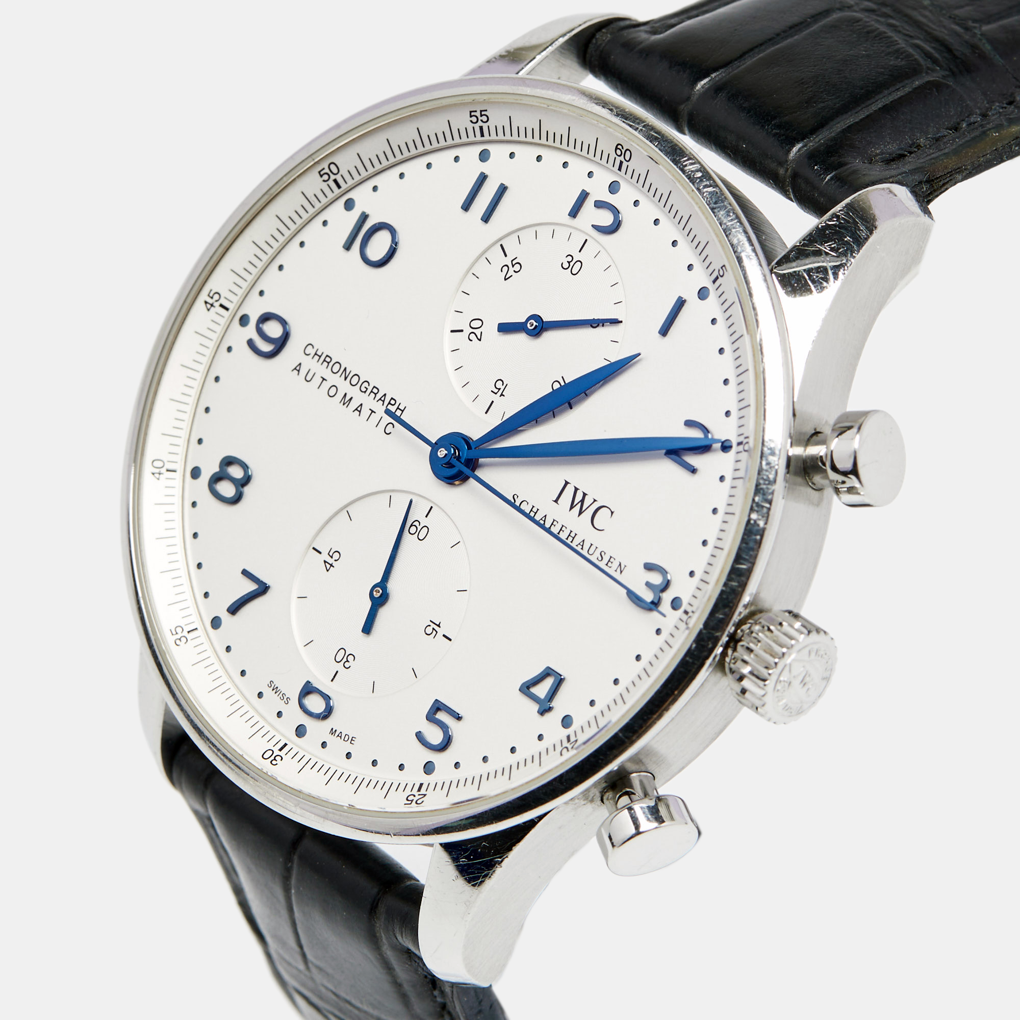 

IWC White Stainless Steel Alligator Leather Portugieser IW371417 Men's Wristwatch, Blue