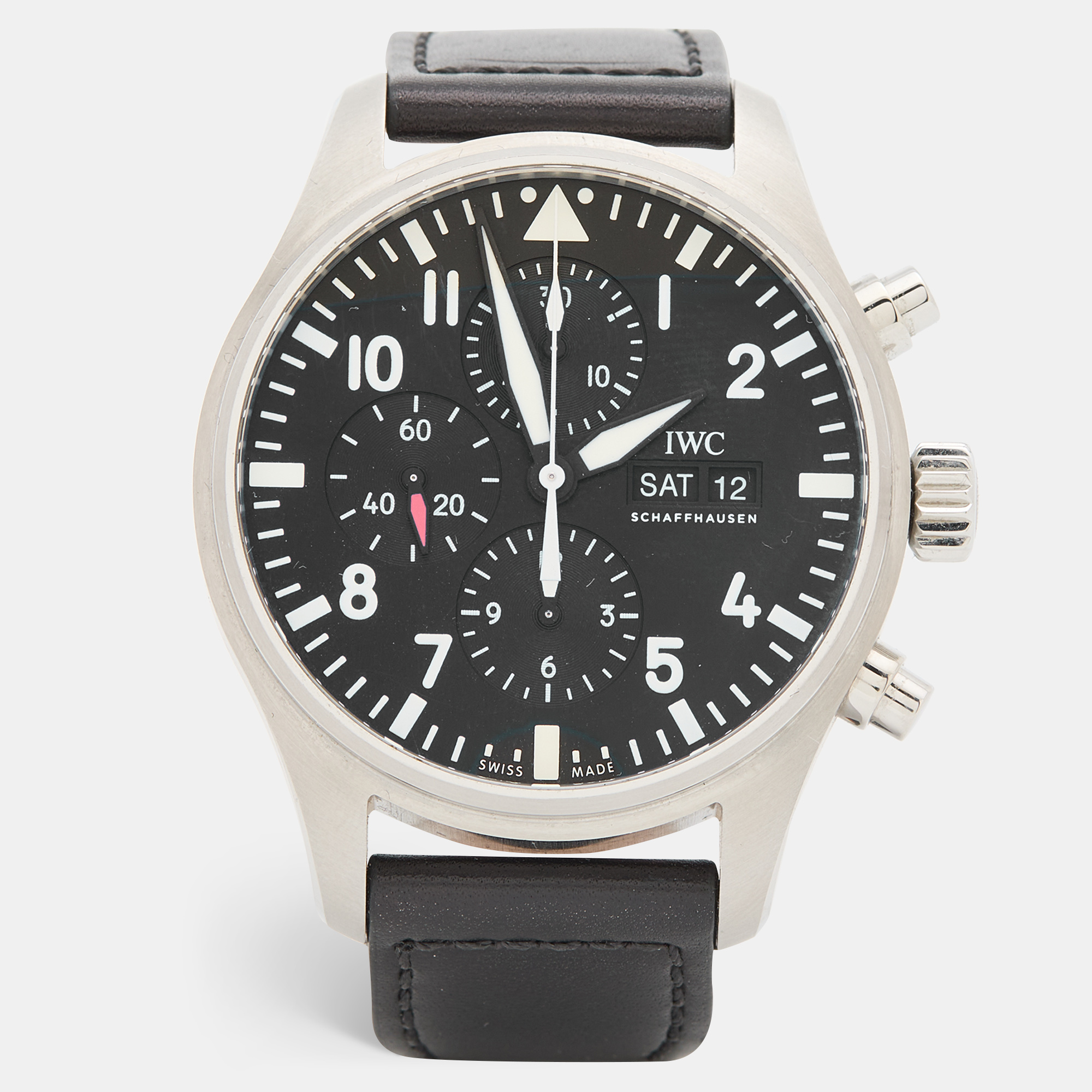 IWC Schaffhausen Black Stainless Steel Leather Pilot IW377709 Men's Wristwatch 43 mm