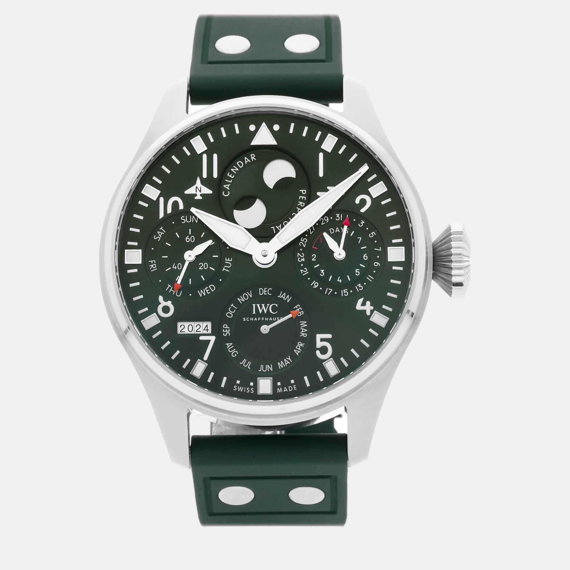 Pre-owned Iwc Schaffhausen Green Stainless Steel Big Pilot's Iw5036-08 Automatic Men's Wristwatch 46 Mm
