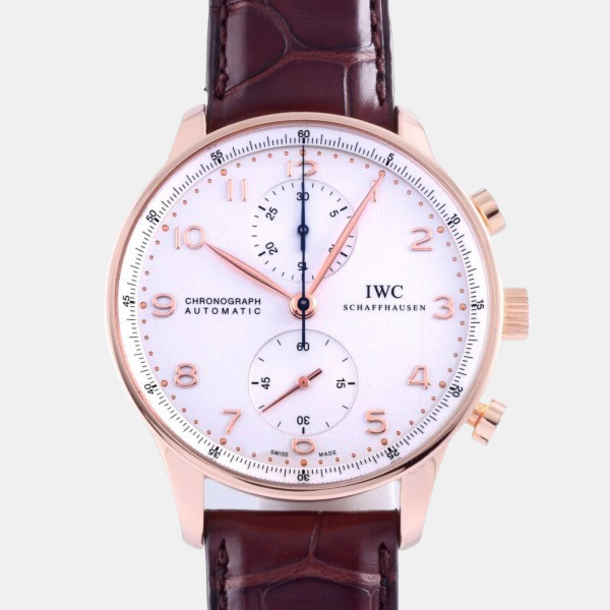 Pre-owned Iwc Schaffhausen Silver 18k Rose Gold Portugieser Iw371480 Automatic Men's Wristwatch 41 Mm