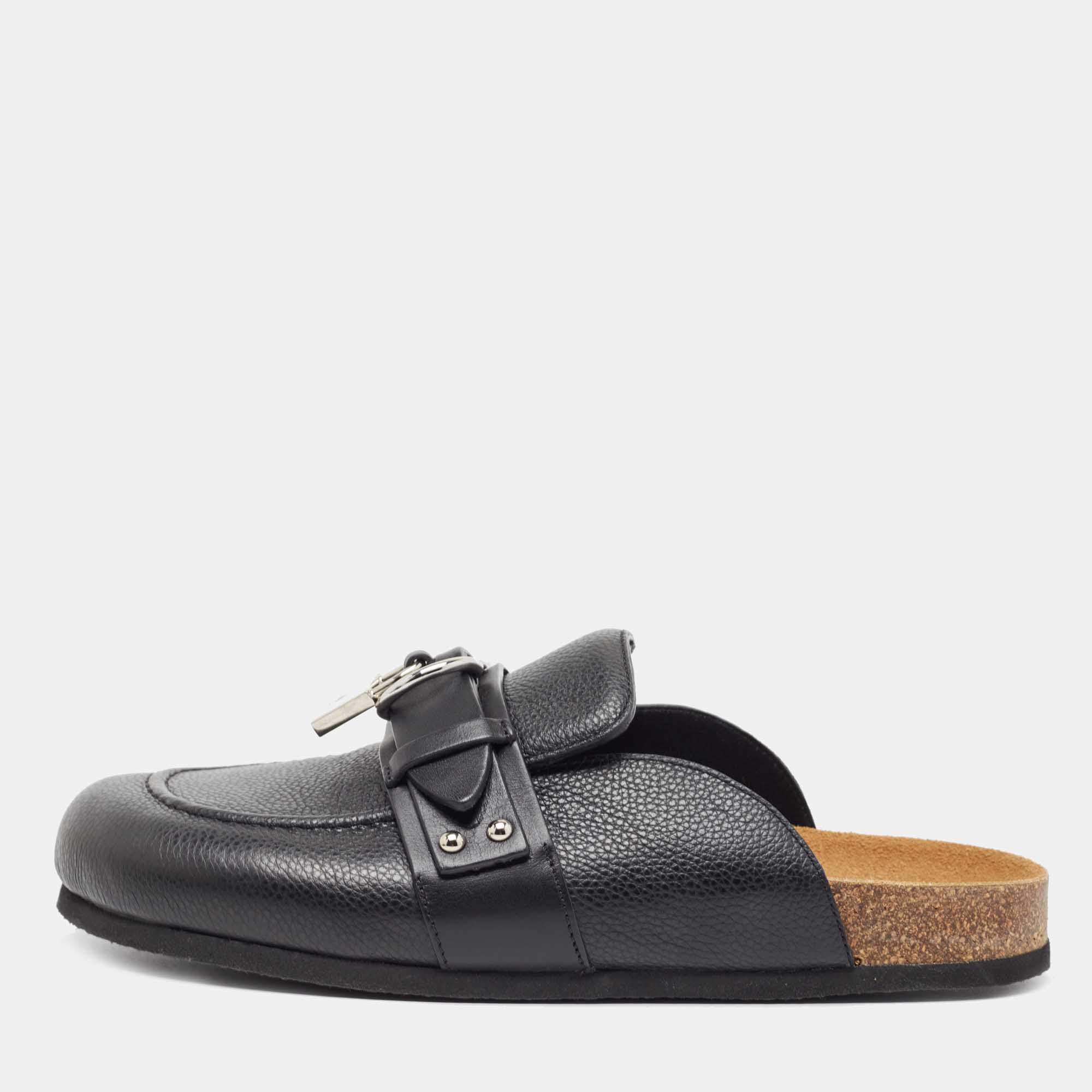 Pre-owned Jw Anderson Black Leather Padlock Flat Mules Size 42