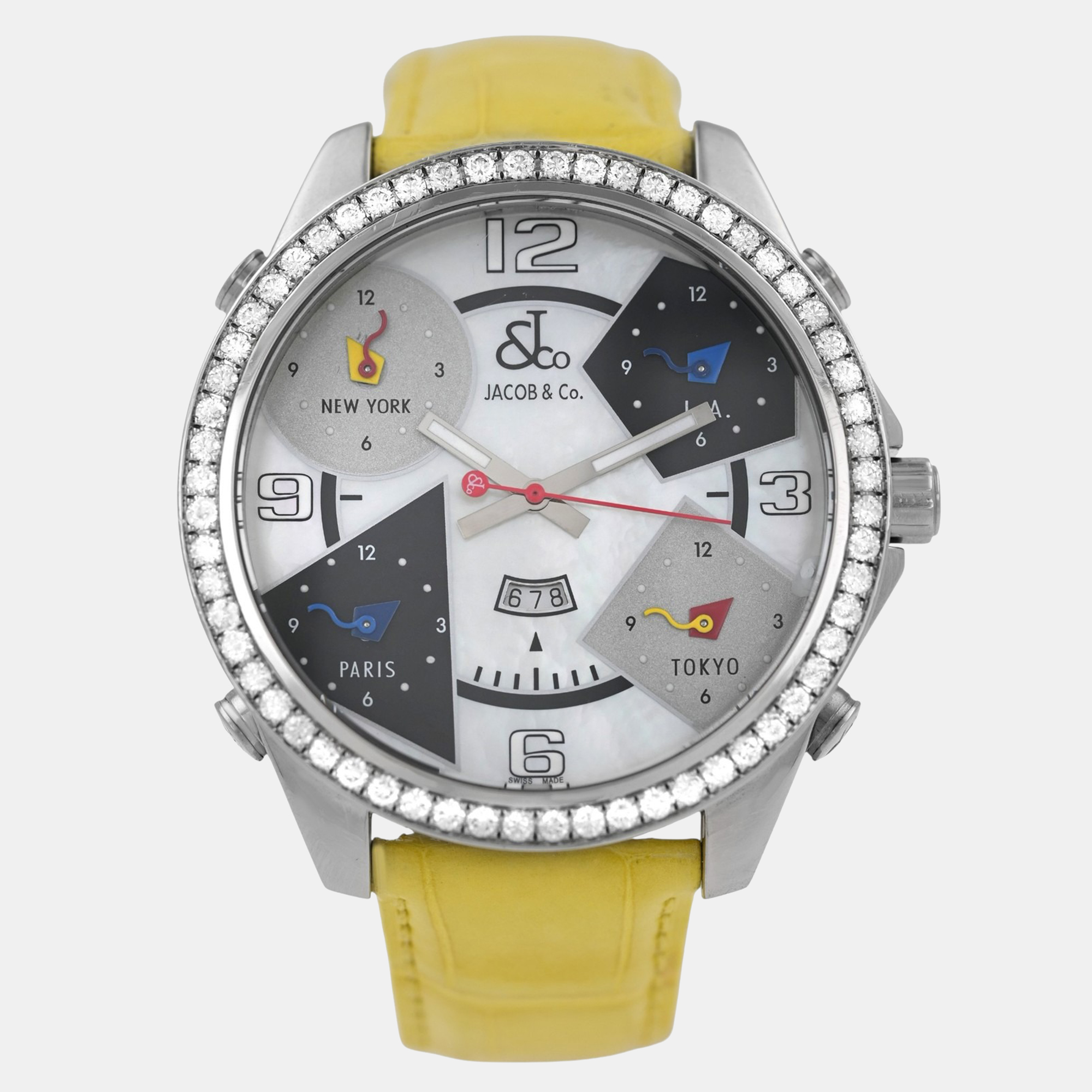 

Jacob & Co Five Time Zone Quartz Diamond Mother of Pearl Dial Stainless Steel Men's Wristwatch 47 mm, Silver