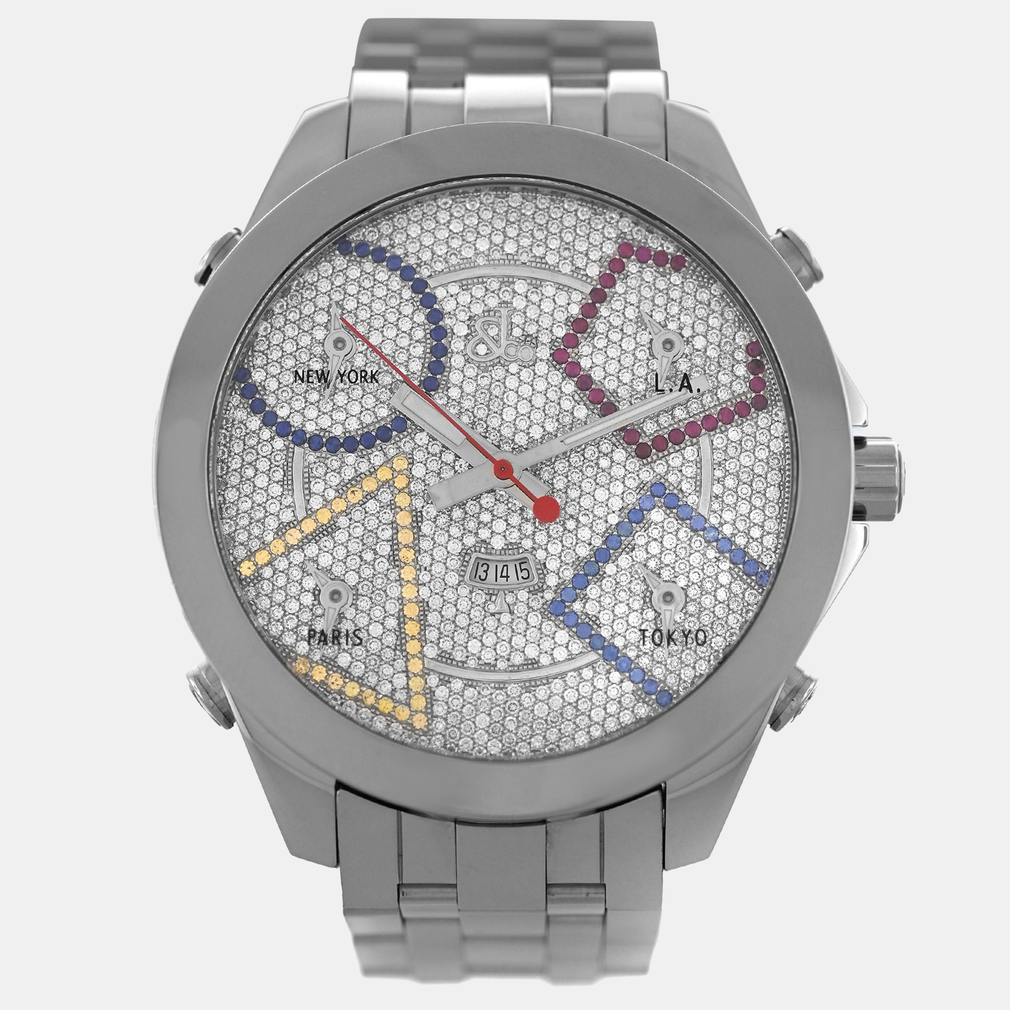 

Jacob & Co Five Time Zone JC49SS Quartz Diamond Dial Stainless Steel Men's Wristwatch 47 mm, Silver