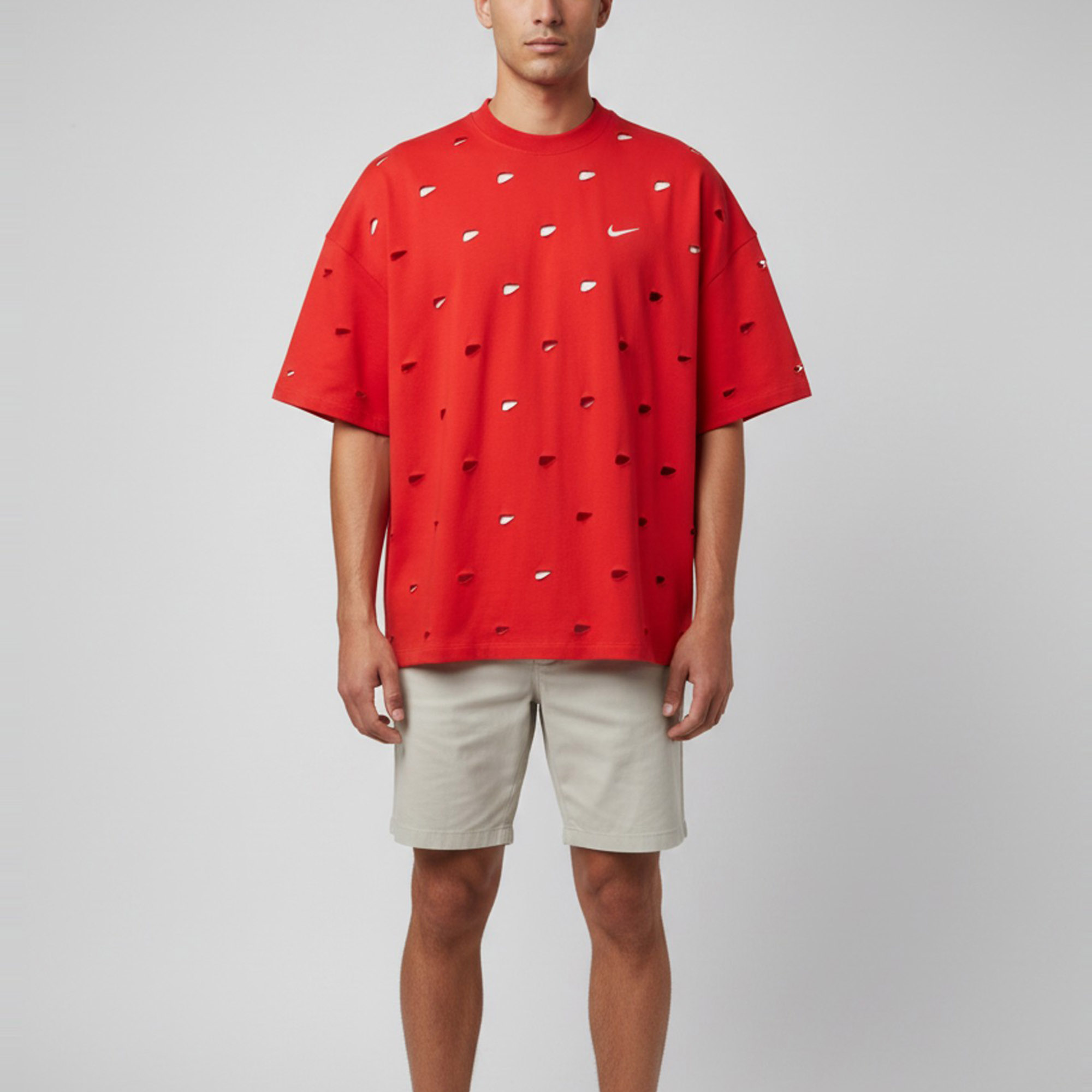 

Jacquemus X Nike Red Distressed Jersey Swoosh T-Shirt S