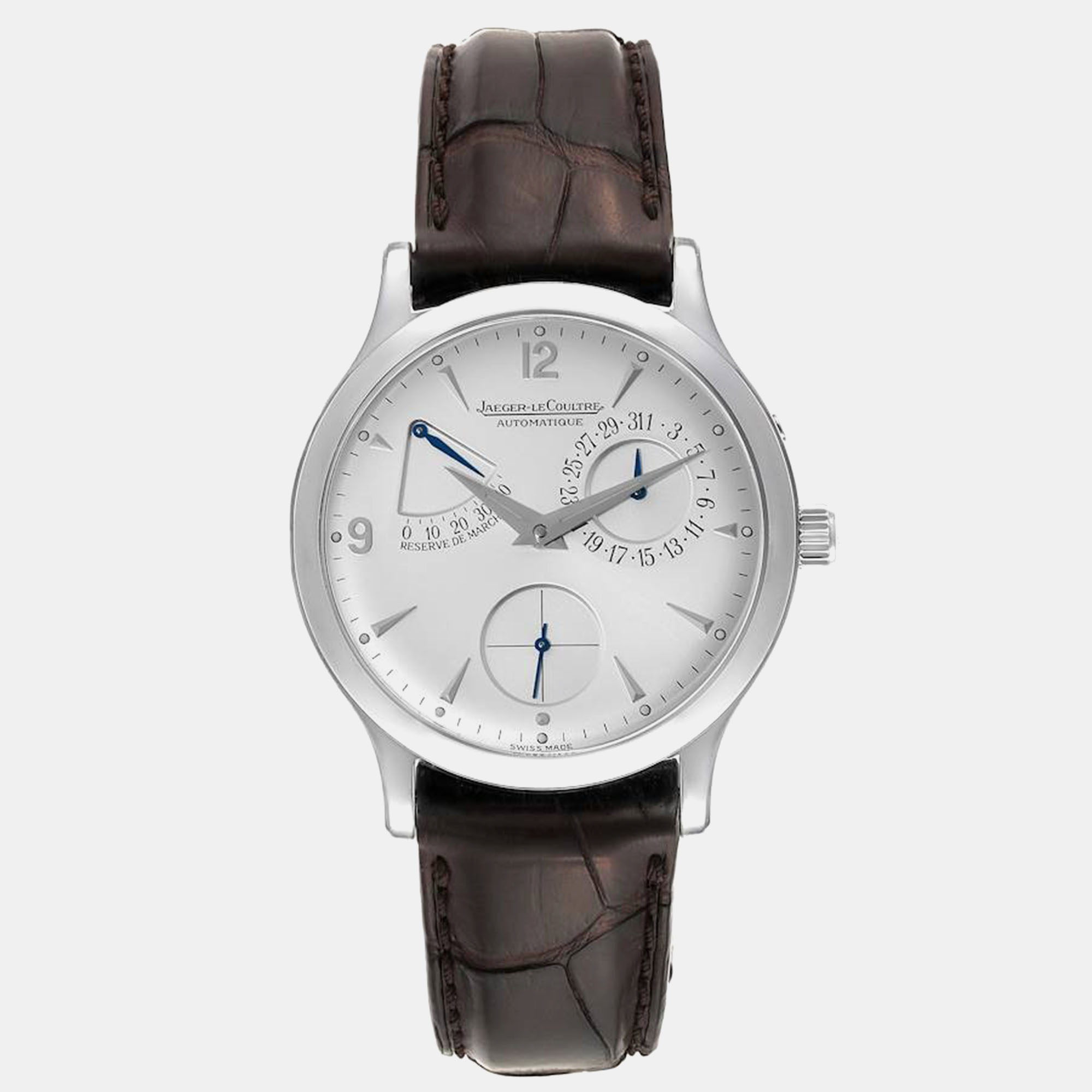 A classy silhouette made of high quality materials and packed with precision and luxury makes this authentic Jaeger Le Coultre wristwatch the perfect choice for a sophisticated finish to any look. It is a grand creation to elevate the everyday experience.