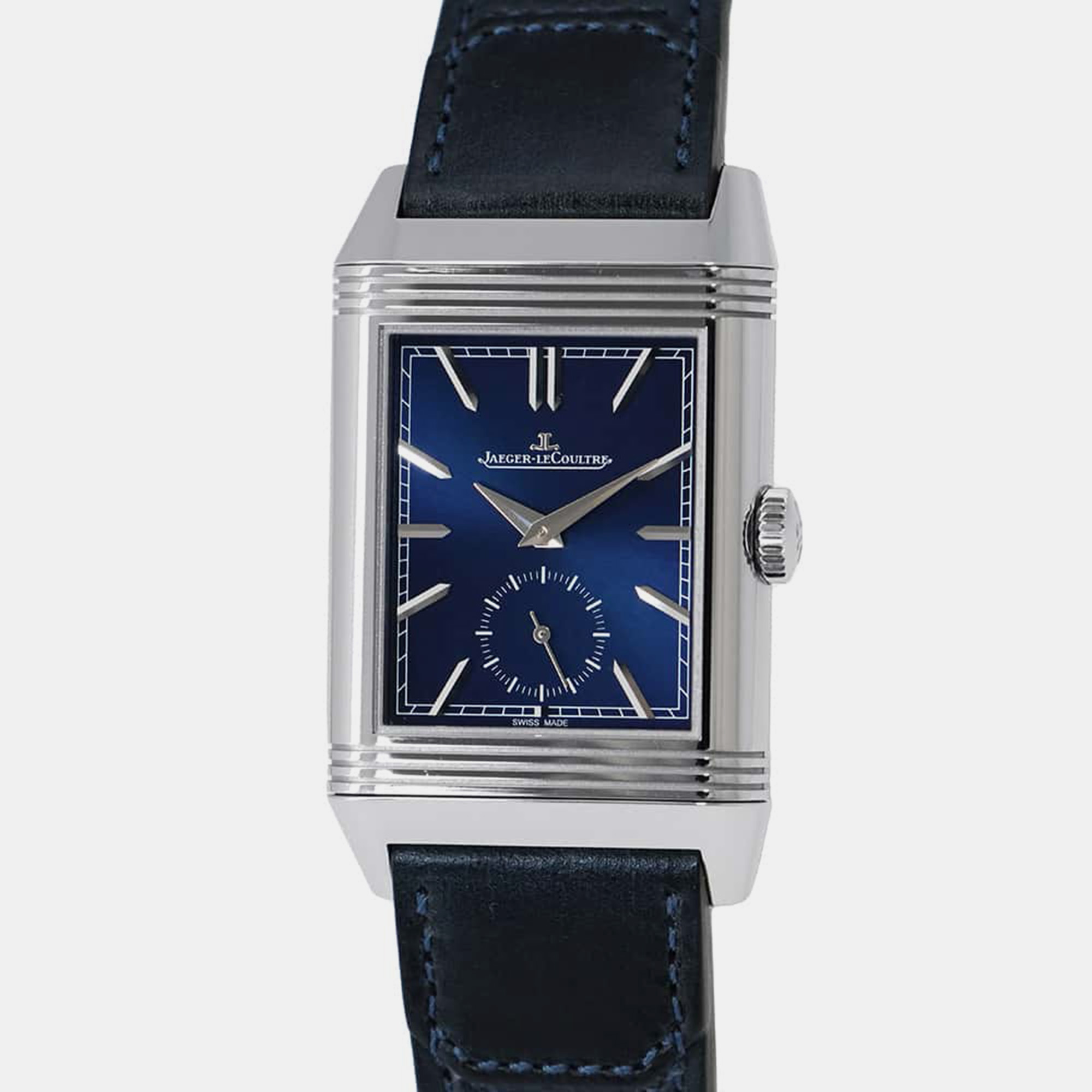 

Jaeger LeCoultre Stainless Steel Leather Blue/White Dial Reverso Tribute Duo H47mm Wristwatch 28.3mm