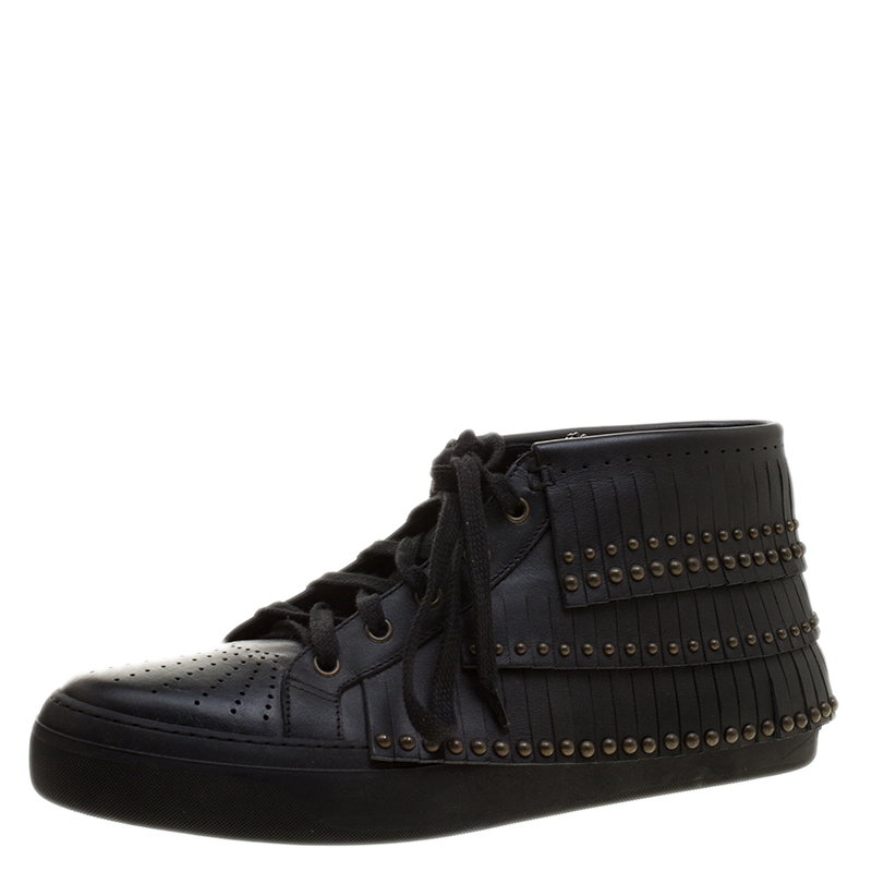 Jimmy Choo Black Leather Bastian Fringe High Top Sneakers Size 42