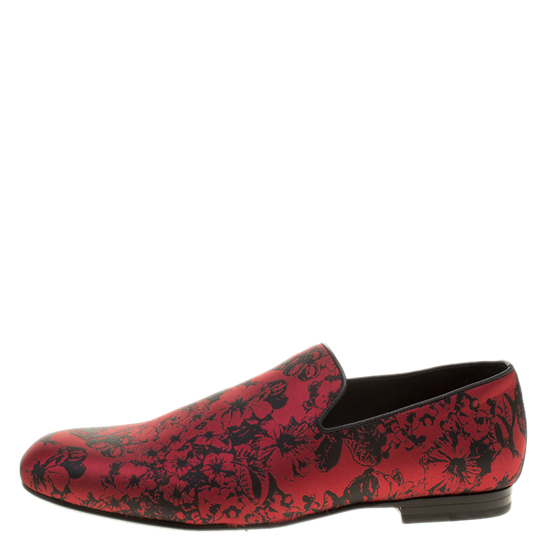 

Jimmy Choo Red Floral Jacquard Fabric Sloane Smoking Slippers Size