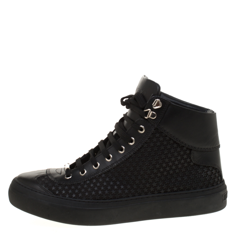 

Jimmy Choo Black Leather Argyle Rubber Star Studded High Top Sneakers Size