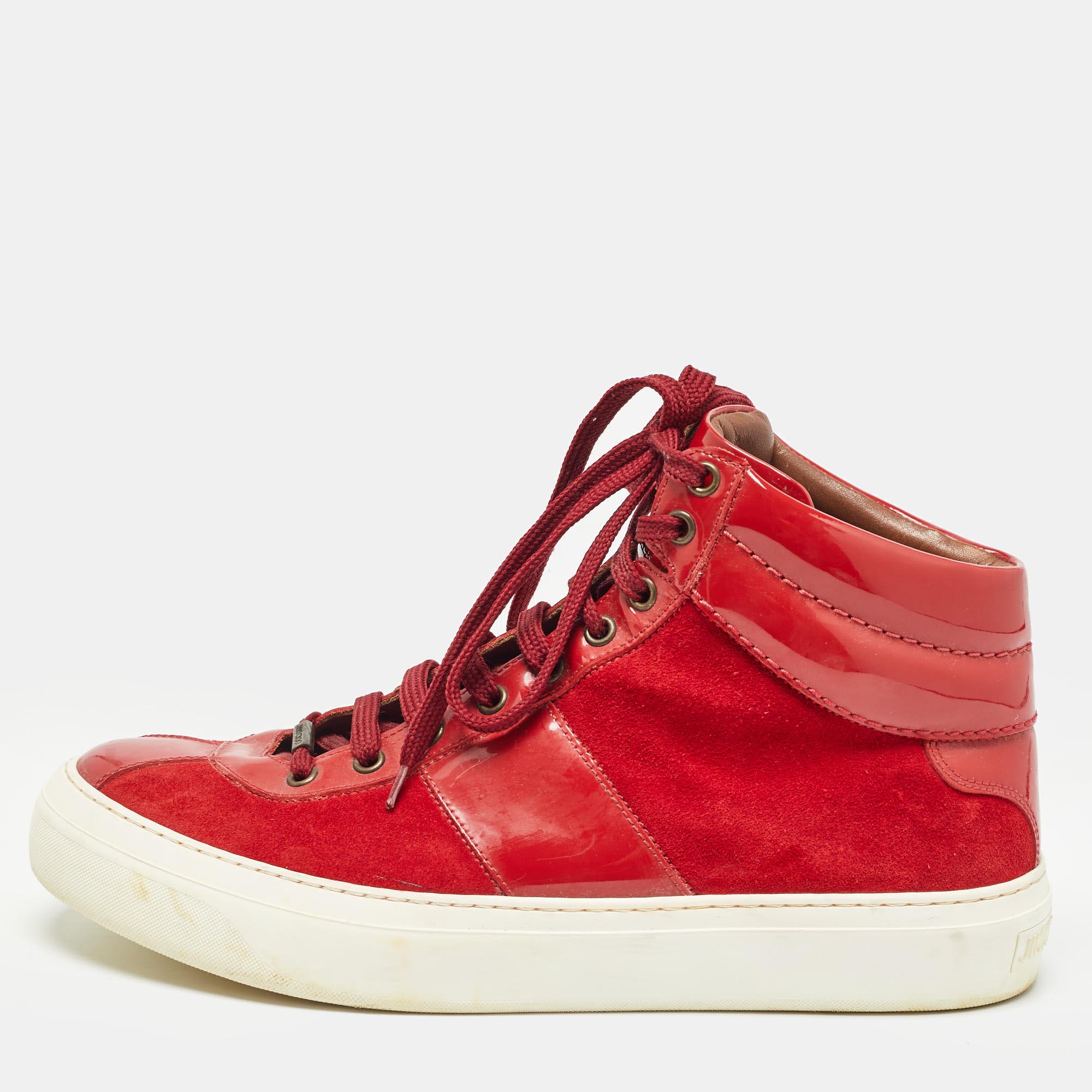 Pre-owned Jimmy Choo Red Suede And Patent High Top Sneakers Size 42.5