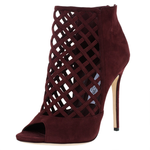 Pre Owned Jimmy Choo Maroon Suede Dane Claret Lattice Peep Toe Booties Size 38