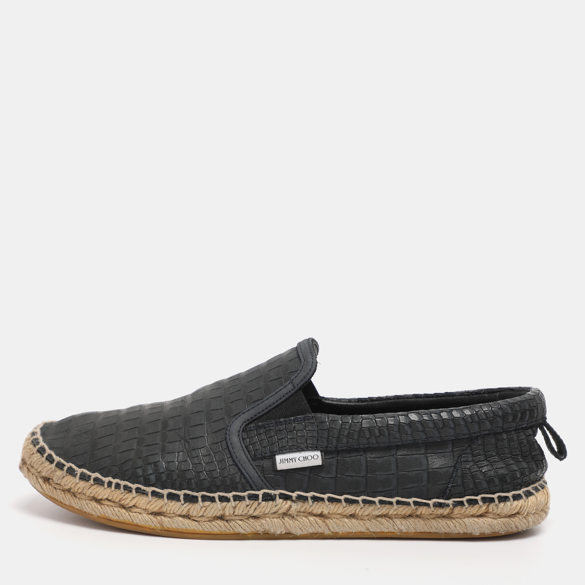 Pre-owned Jimmy Choo Dark Navy Croc Embossed Leather Vlad Slip On Sneakers Size 39.5 In Blue