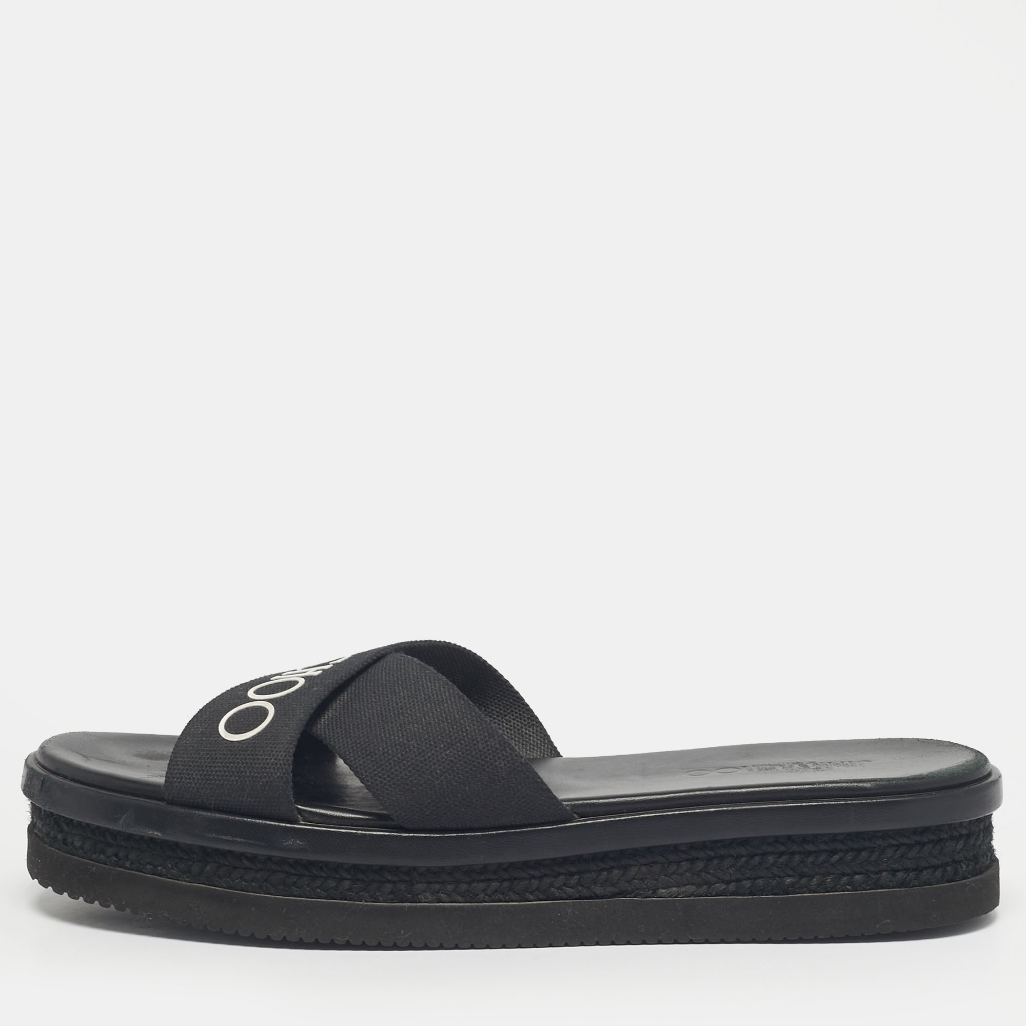 

Jimmy Choo Black Canvas Crisscross Platform Flat Sandals Size