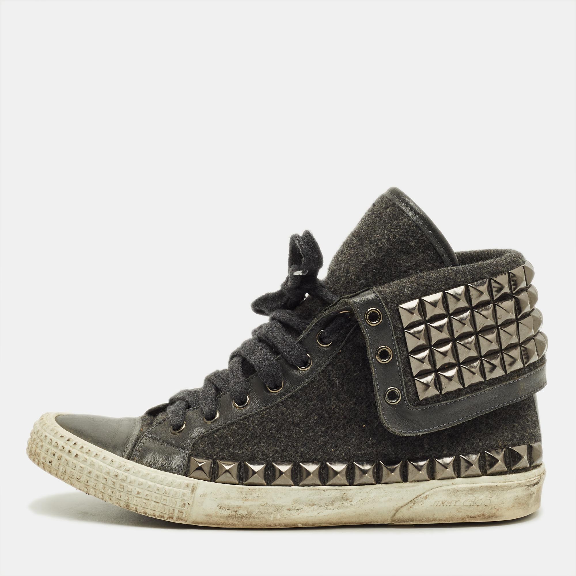 

Jimmy Choo Size  Grey Leather and Wool Studded Spencer Lace Up Sneakers