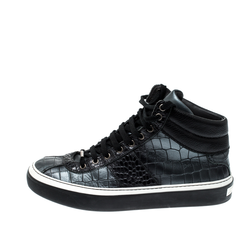 

Jimmy Choo Black Metallic Crocodile Embossed Leather Belgravia High Top Sneakers Size