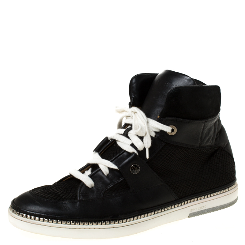 Jimmy Choo Black Snakeskin Embossed Leather and Suede Lace Up High Top ...