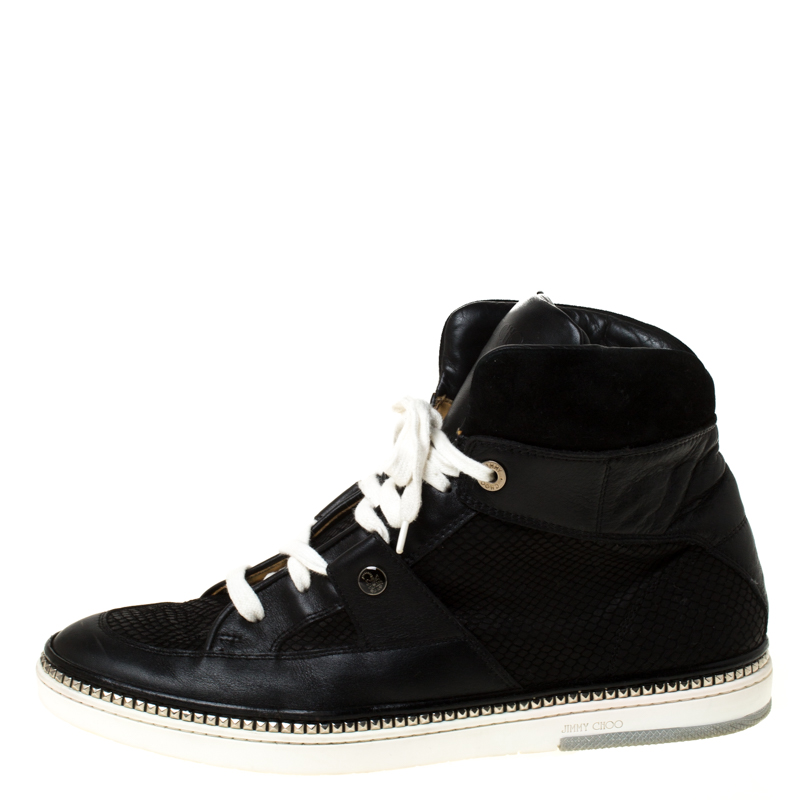 

Jimmy Choo Black Snakeskin Embossed Leather and Suede Lace Up High Top Sneakers Size