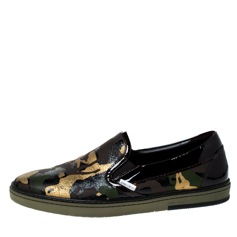 

Jimmy Choo Green/Brown Camo Print Leather Grove Slip On Sneakers Size