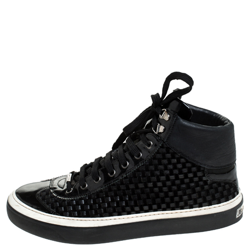 

Jimmy Choo Black Woven Leather Argyle High Top Sneakers Size