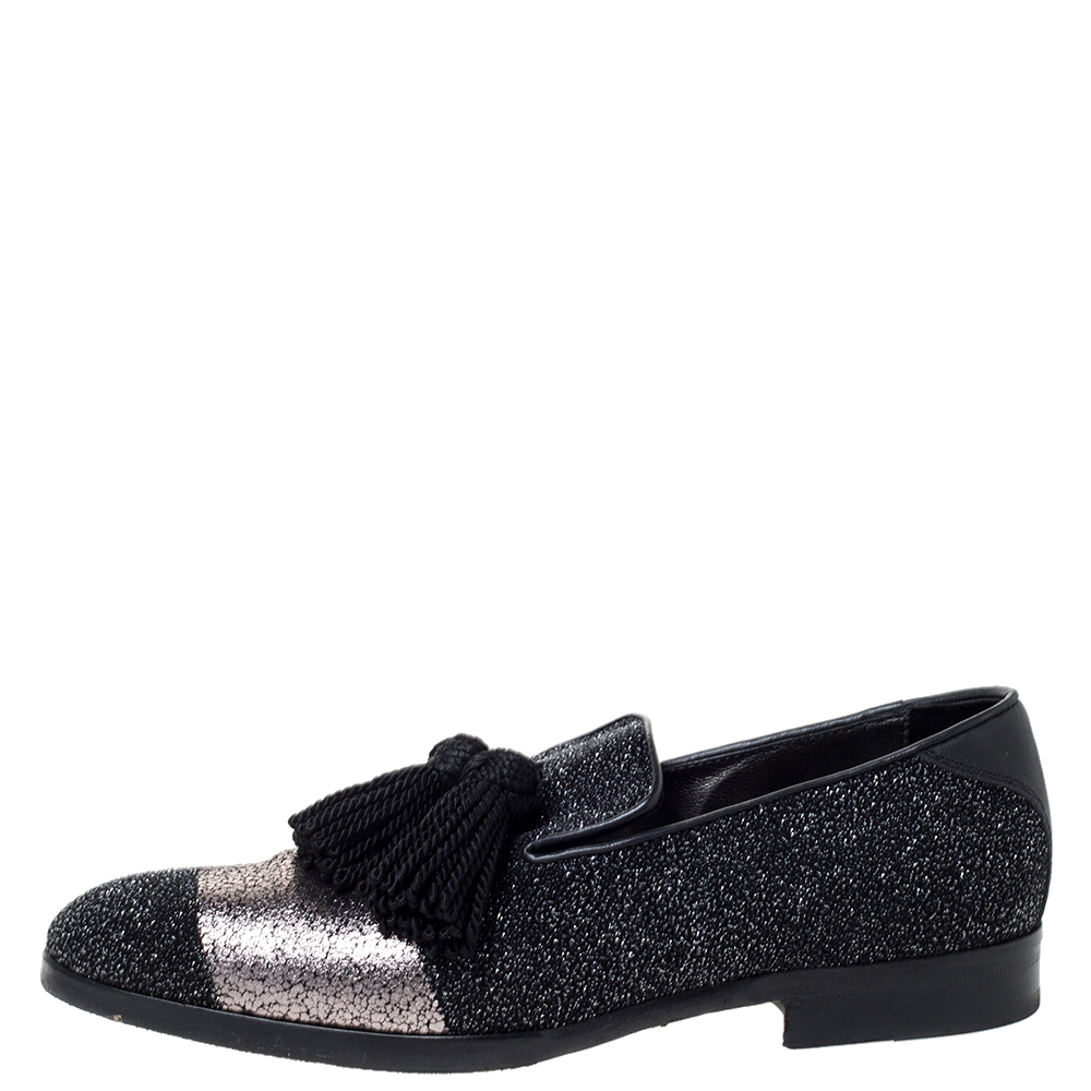 

Jimmy Choo Metallic Black/Silver Glitter Suede And Leather Foxley Tassel Loafers Size