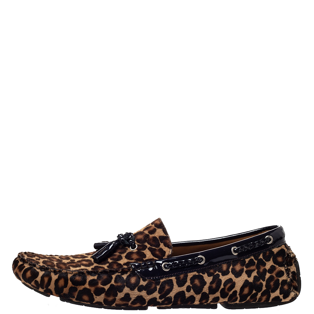 

Jimmy Choo Brown Leopard Print Pony Hair And Patent Leather Trim Tassel Slip On Loafers Size