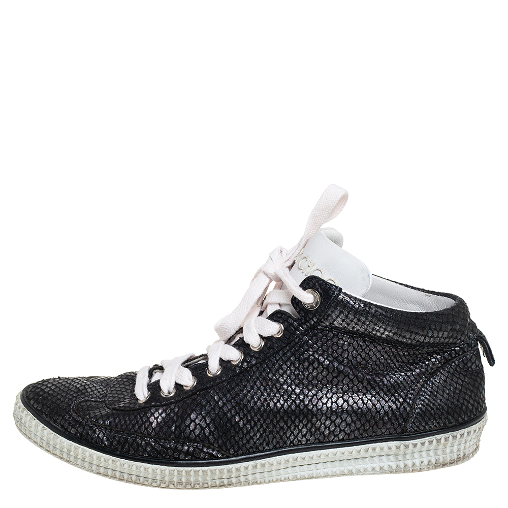 

Jimmy Choo Metallic Black Python Embossed Leather High Top Sneakers Size