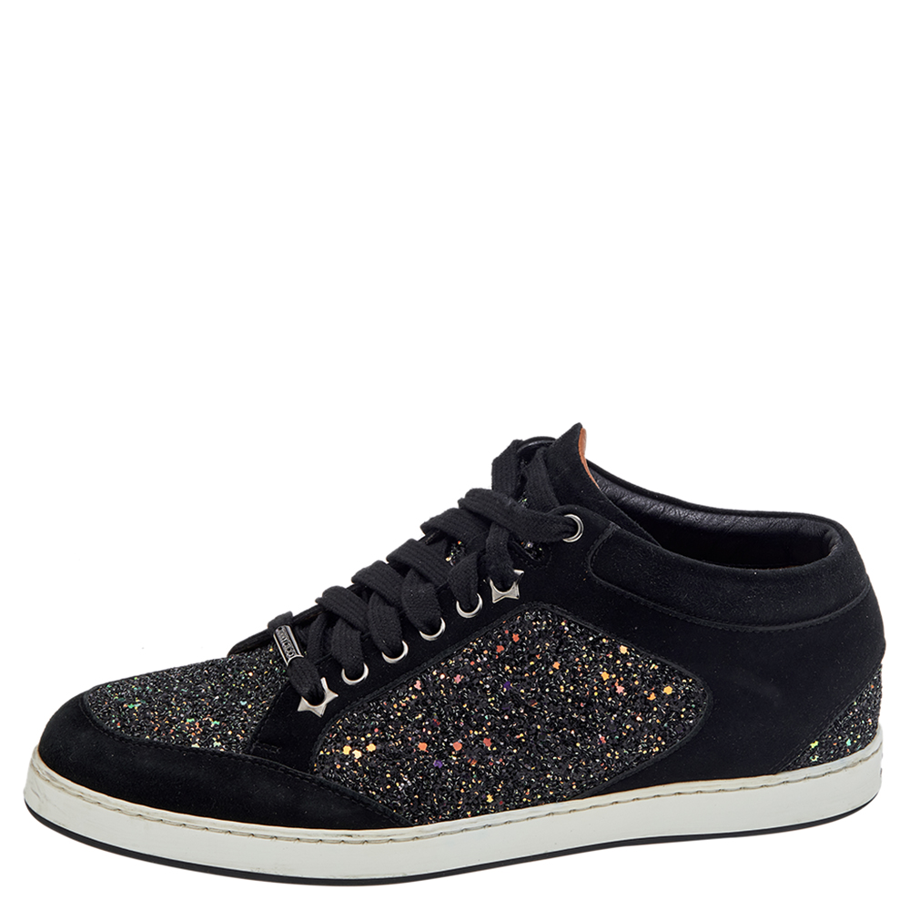 Jimmy Choo Black Glitter And Suede Miami Lace Up Sneakers Size
