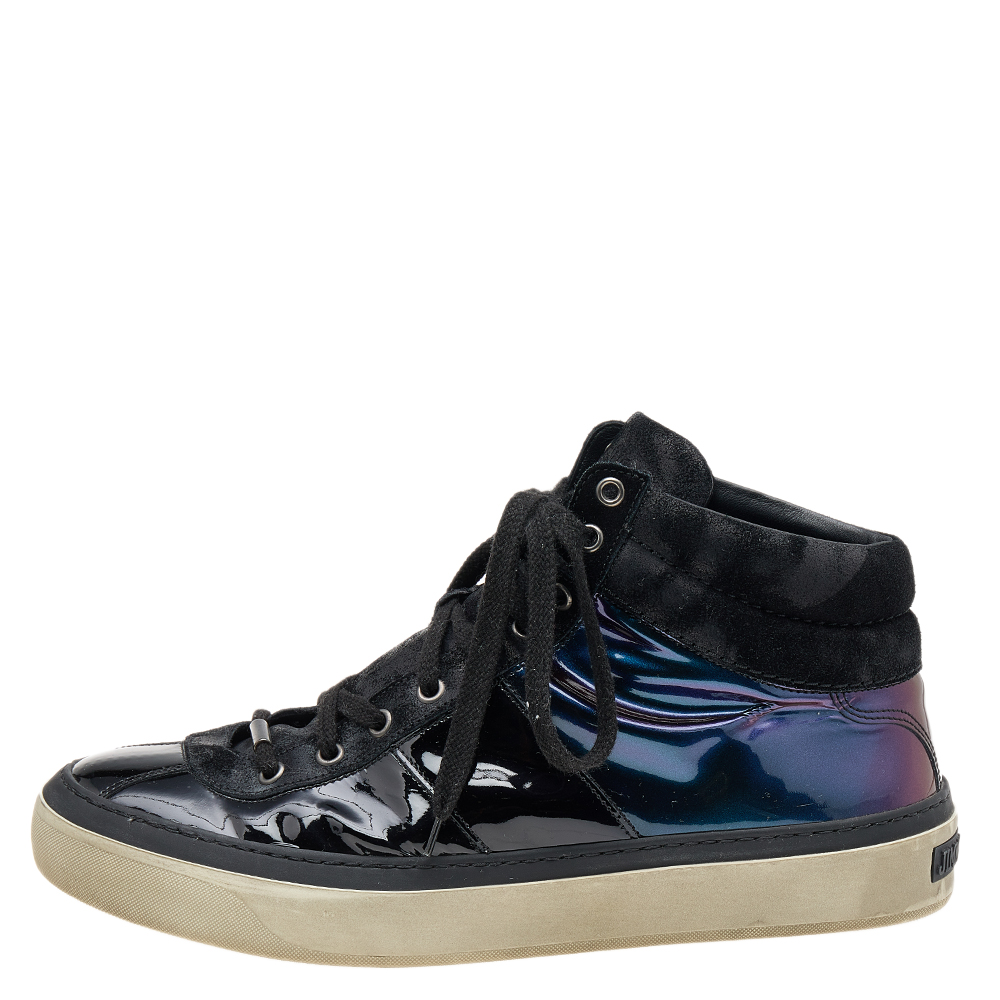 

Jimmy Choo Black Iridescent Patent Leather And Suede High Top Sneakers Size