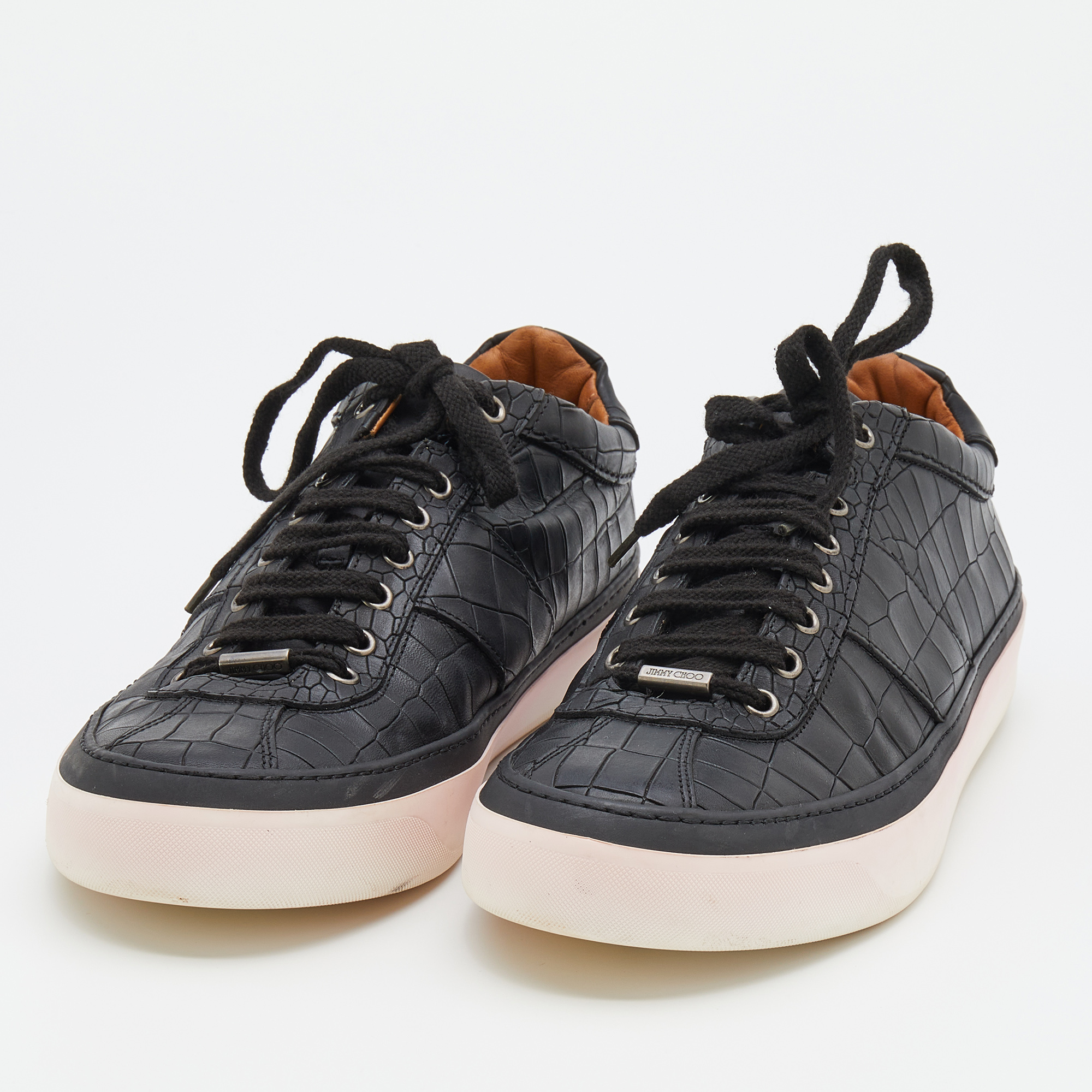 Jimmy Choo Black Croc Embossed Leather Belgravia Low Top Sneakers Size