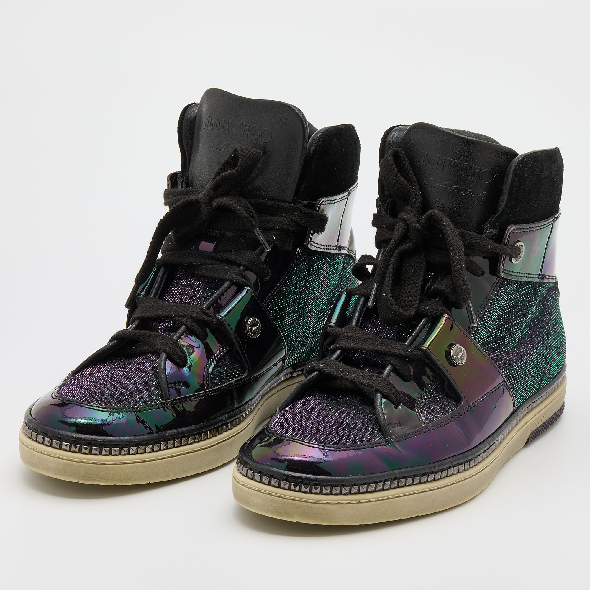 

Jimmy Choo Black/Iridescent Patent Leather and Glitter Fabric Barlowe High Top Sneakers Size