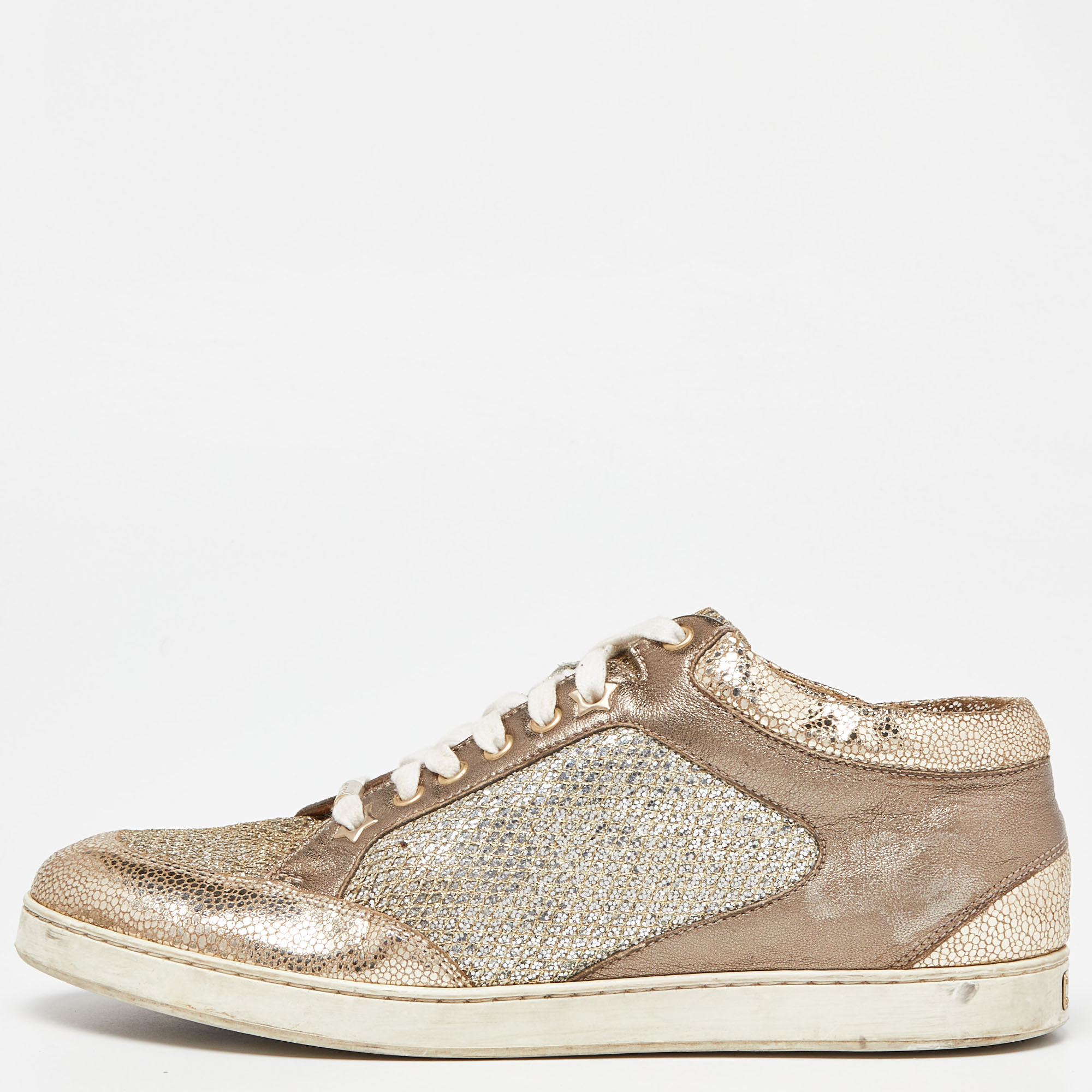 

Jimmy Choo Gold Leather and Coarse Glitter Miami High Top Sneakers Size