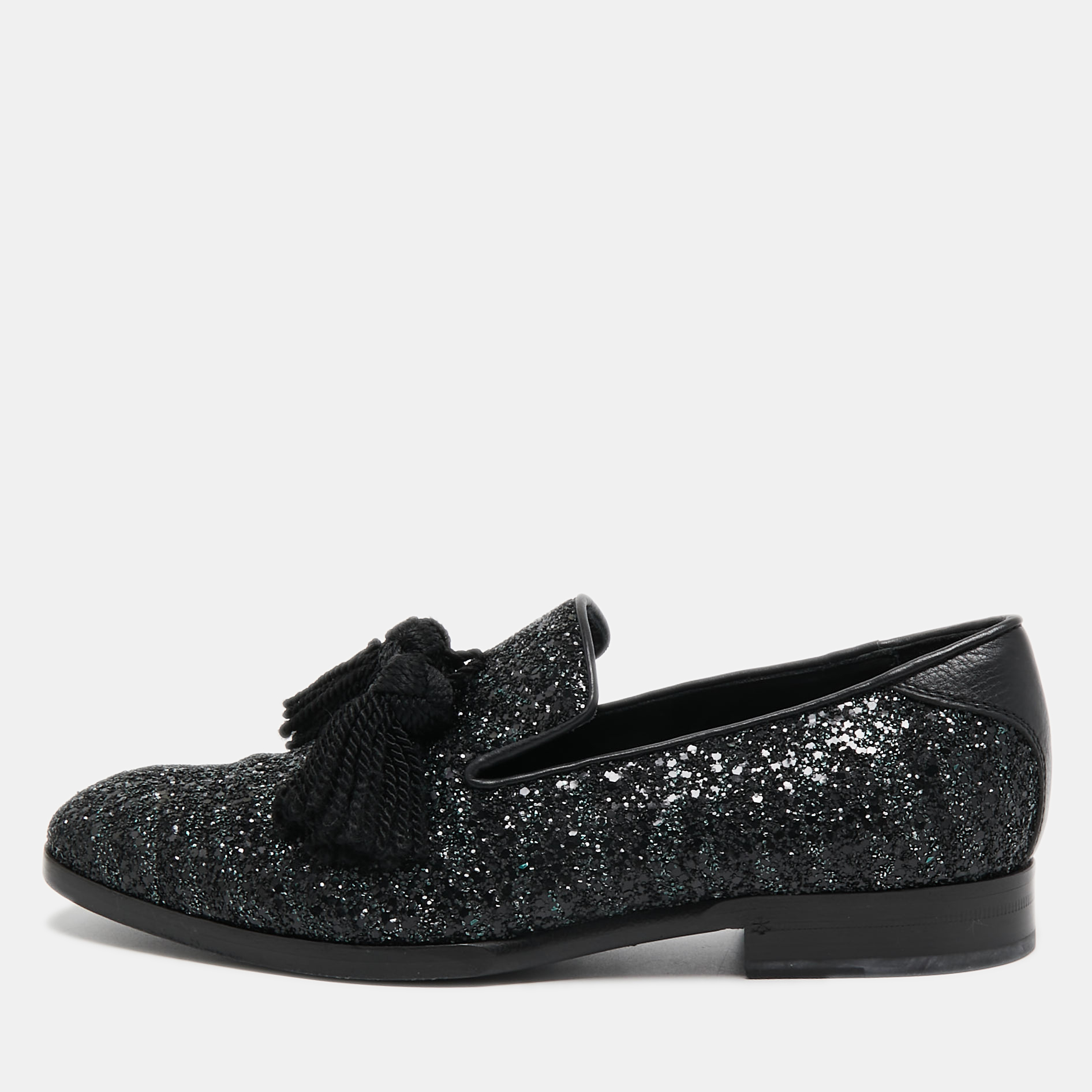 Pre-owned Jimmy Choo Black Coarse Glitter Foxley Smoking Slippers Size 39