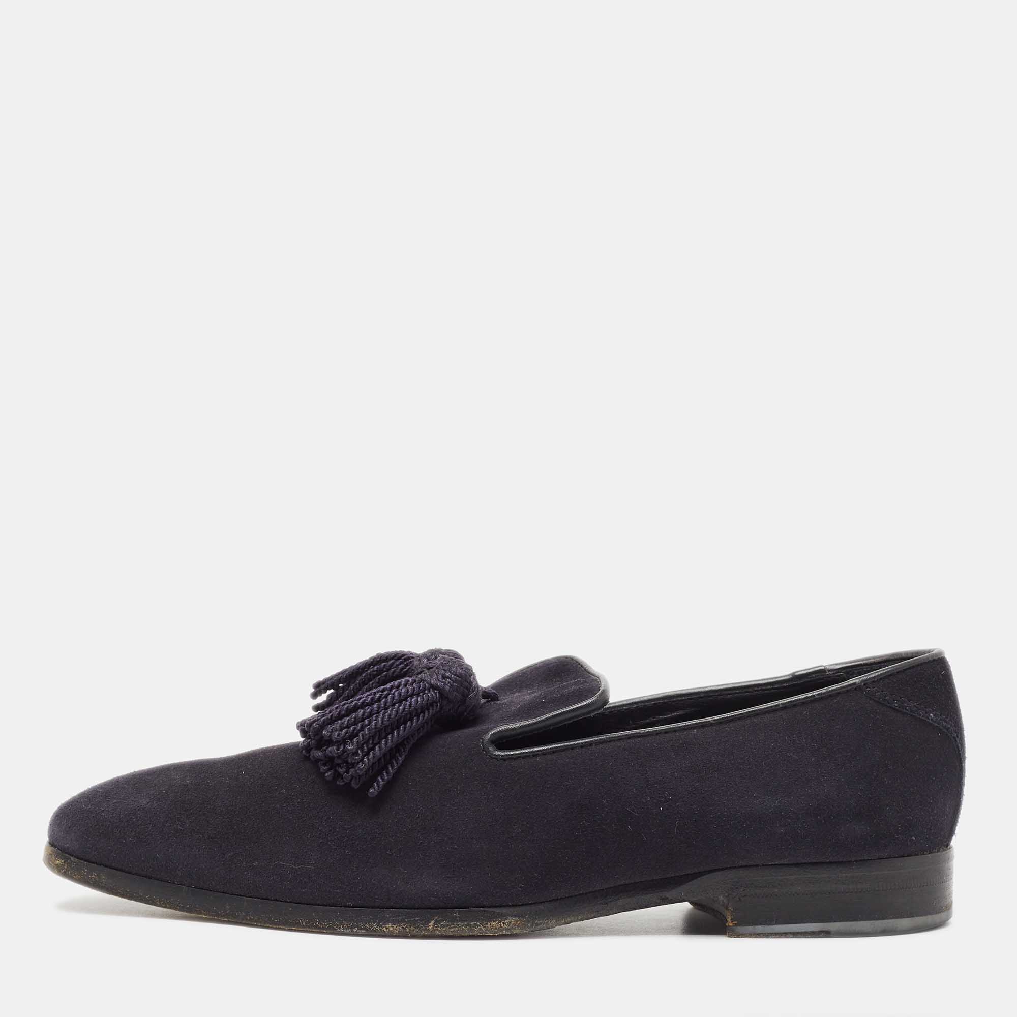 

Jimmy Choo Navy Blue Suede Foxley Smoking Slippers Size