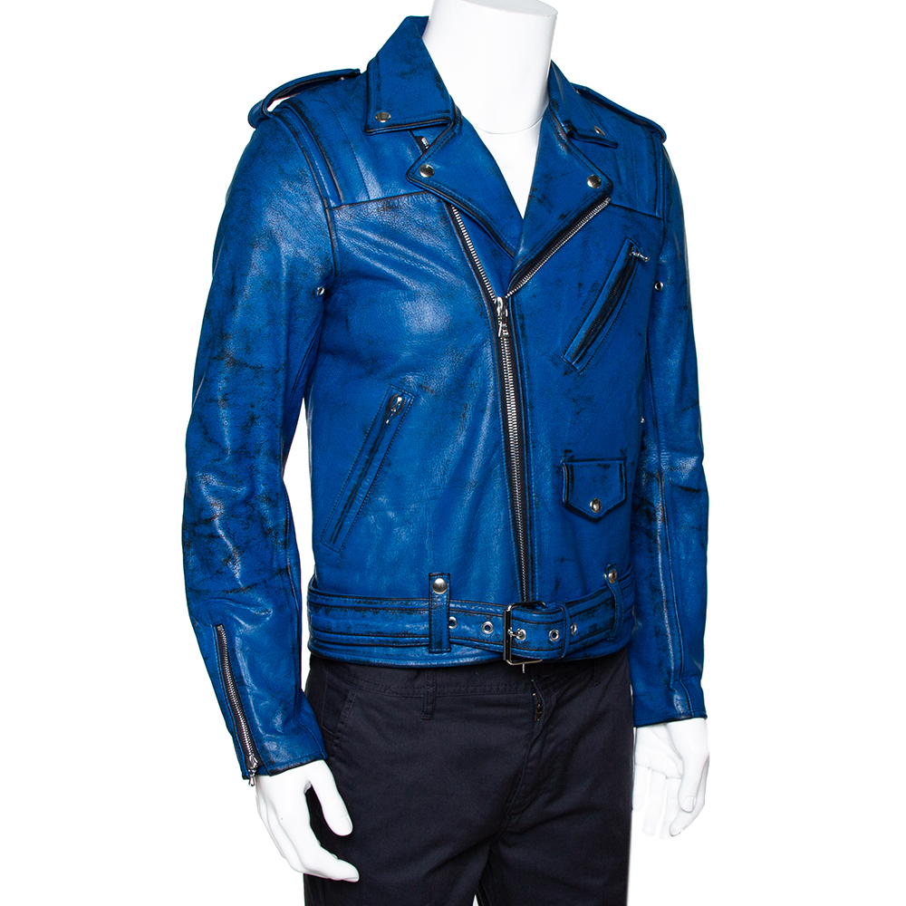 

John Elliott X Blackmeans Black & Blue Painted Leather Riders Jacket
