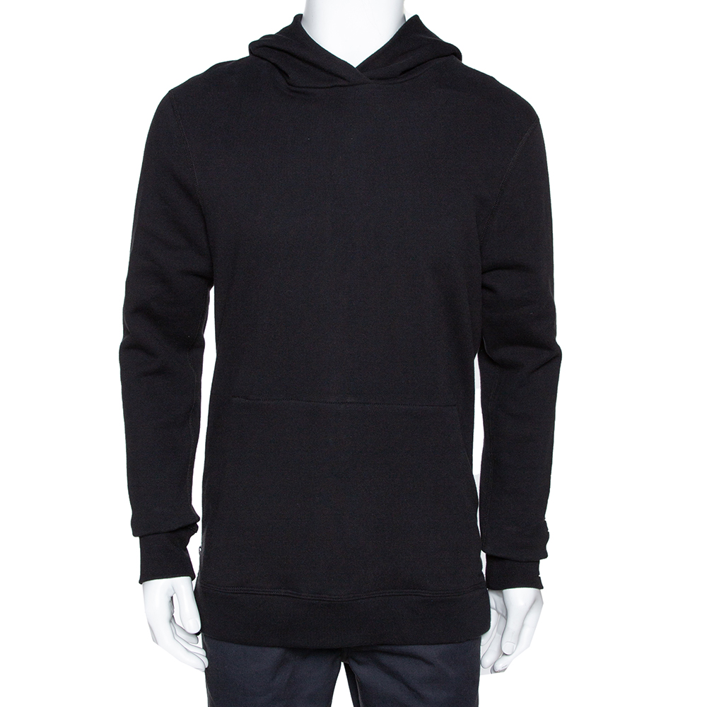 

John Elliott Black Cotton Side Zip Detail Hooded Villain Sweatshirt