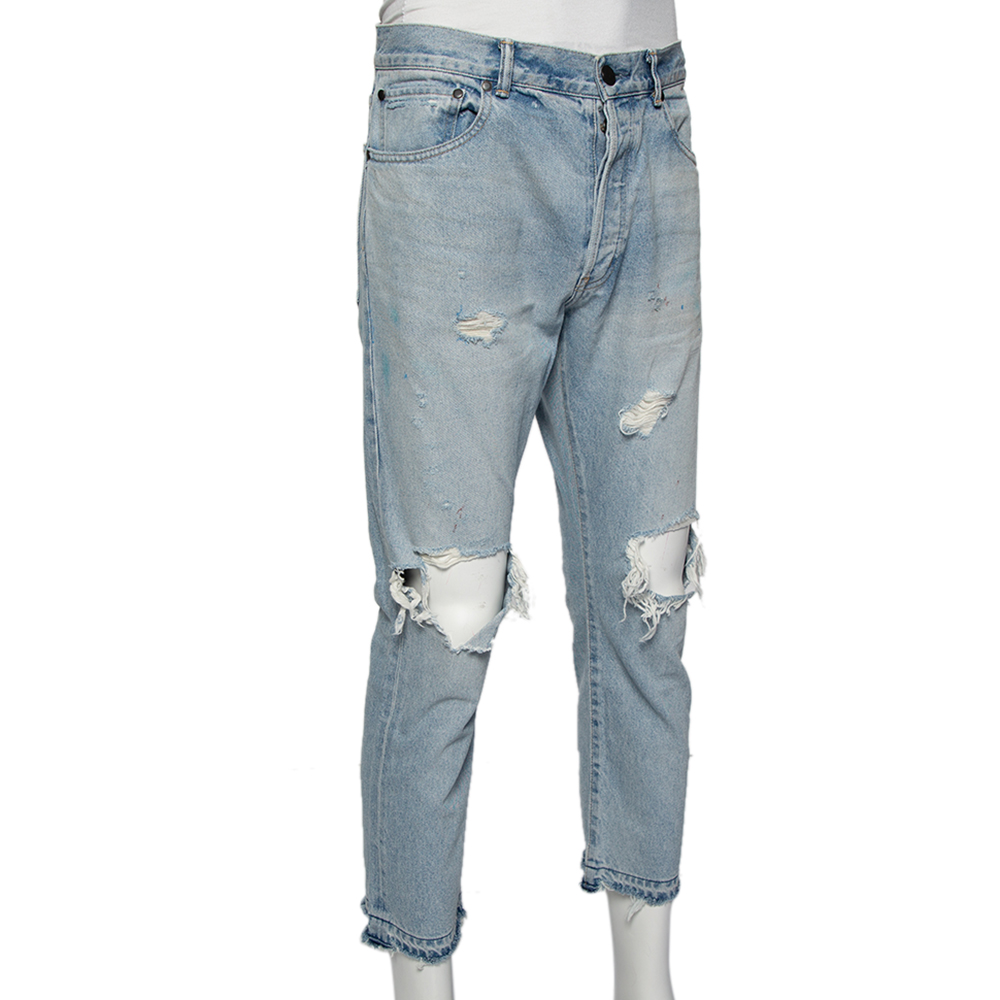 

John Elliott Blue Denim Painted Detail Distressed Cropped Jeans
