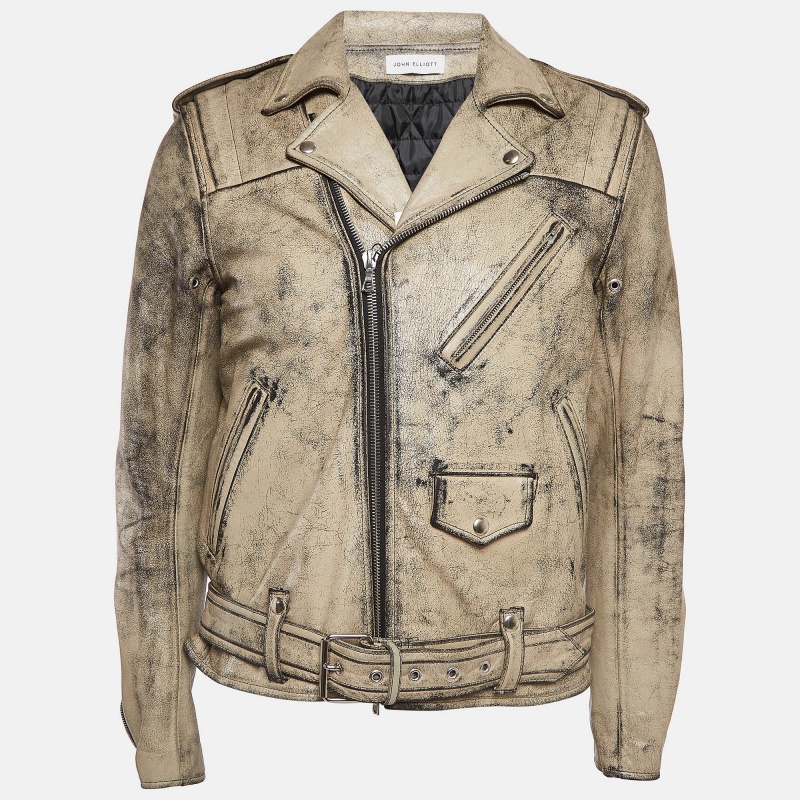 

John Elliott X Blackmeans Beige Distress Ivory Paint Leather Riders Jacket XL