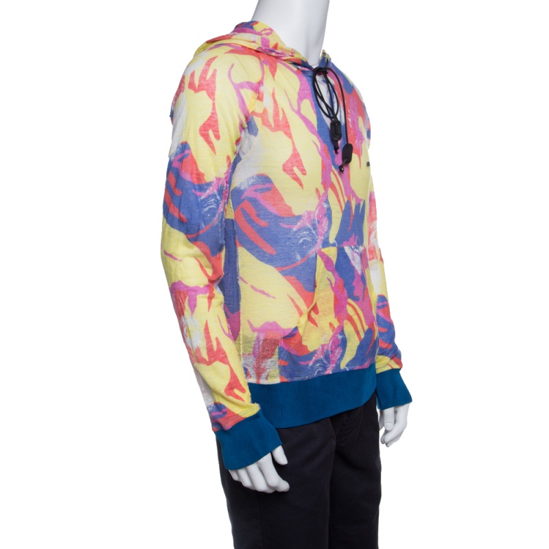 

John Galliano Multicolor Printed Rib Trim Hooded Linen Sweatshirt