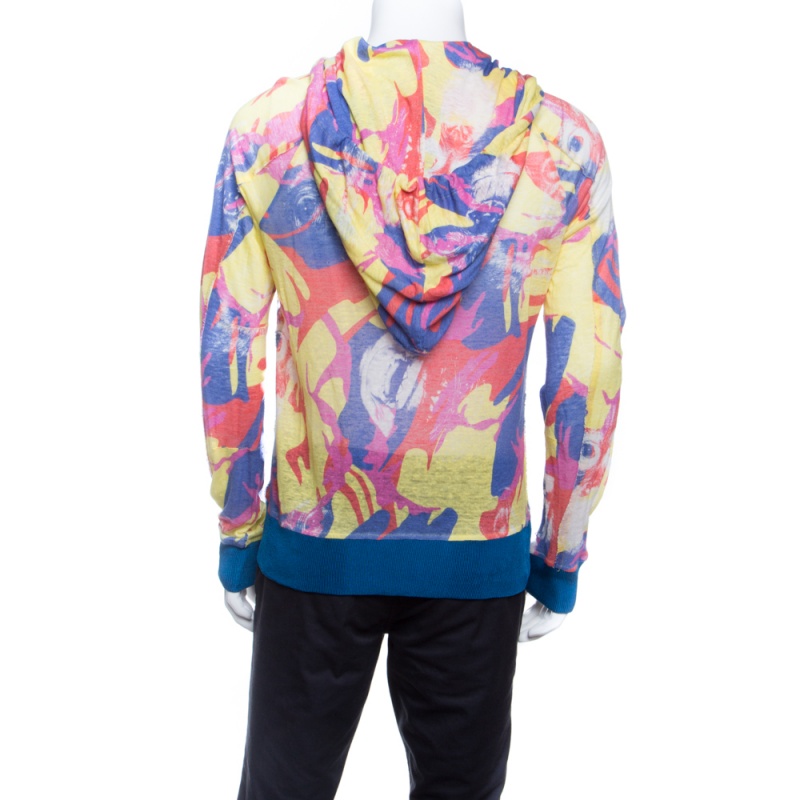Pre Owned John Galliano Multicolor Printed Rib Trim Hooded Linen Sweatshirt L