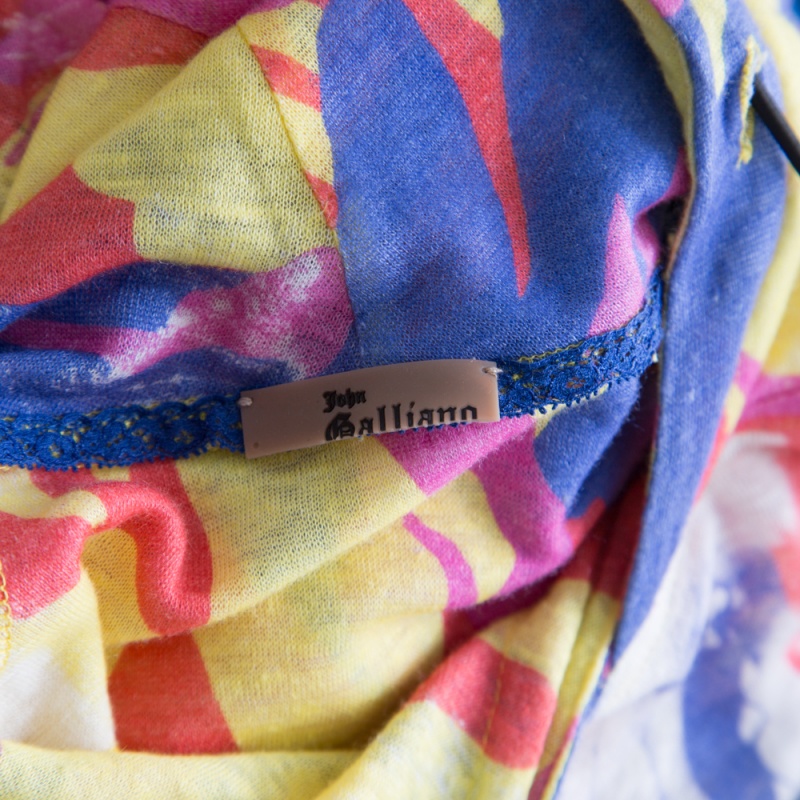 Pre Owned John Galliano Multicolor Printed Rib Trim Hooded Linen Sweatshirt L