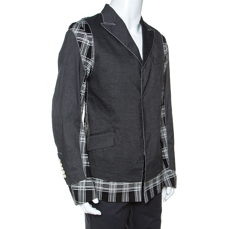 

John Galliano Grey Linen Blend Plaid and Dotted Patch Detail Blazer, Black