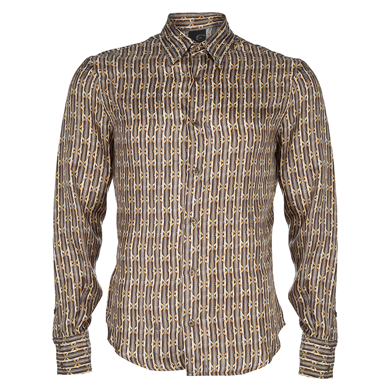 Pre Owned Just Cavalli Brown Printed Silk Long Sleeve Buttondown Shirt M