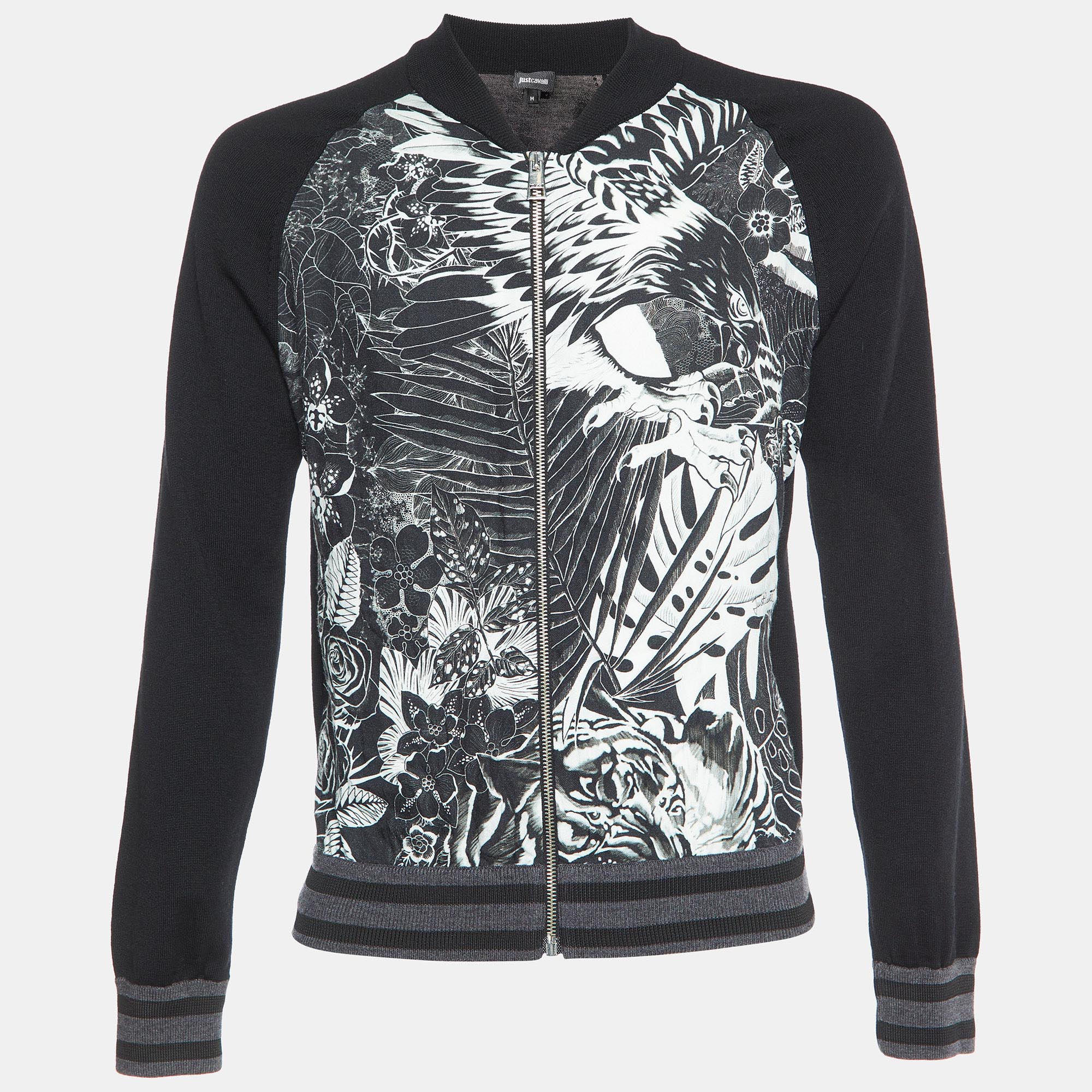 

Just Cavalli Black Printed Wool Knit Zip-Up Jacket M