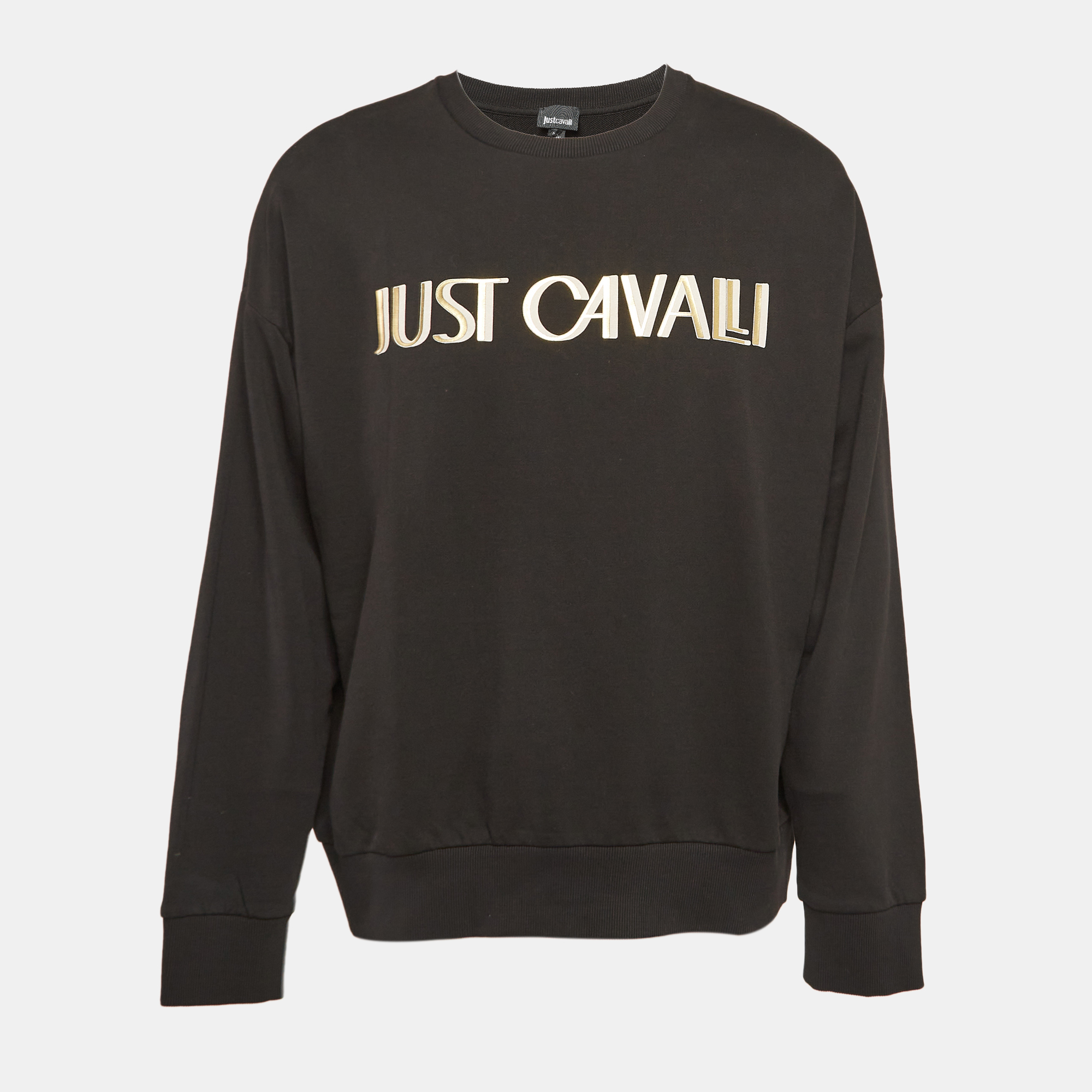 Pre-owned Just Cavalli Black Logo Print Cotton Knit Oversized Sweatshirt M