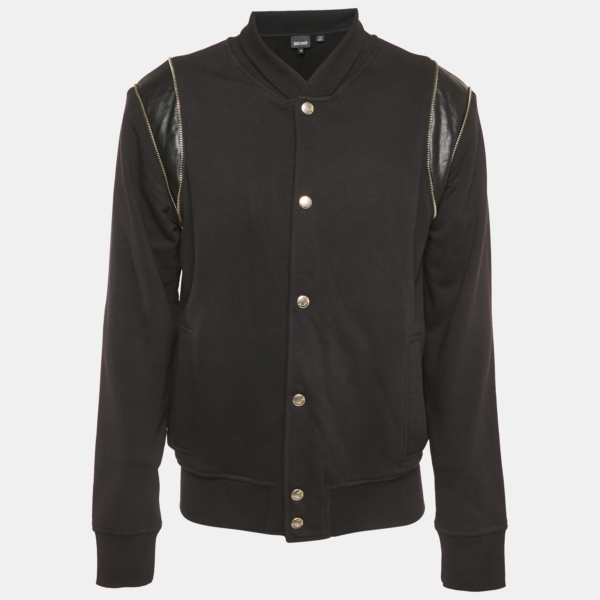 

Just Cavalli Black Embroidered Cotton Knit Faux Leather Trim Jacket M